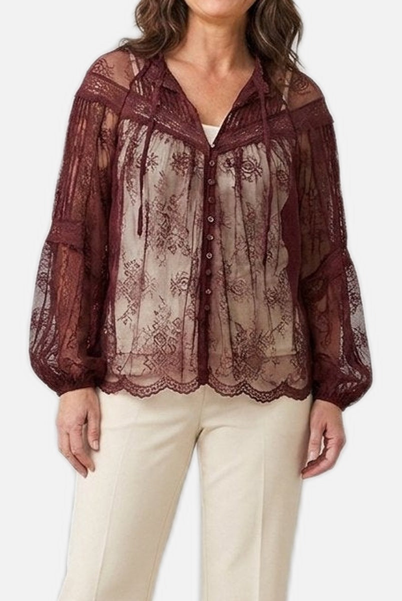Women's Sheer Lace Blouse – Balloon Sleeves, Scalloped Hem