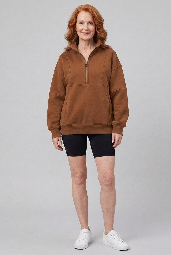 Paloma oversized half-zip sweatshirt in brown on model