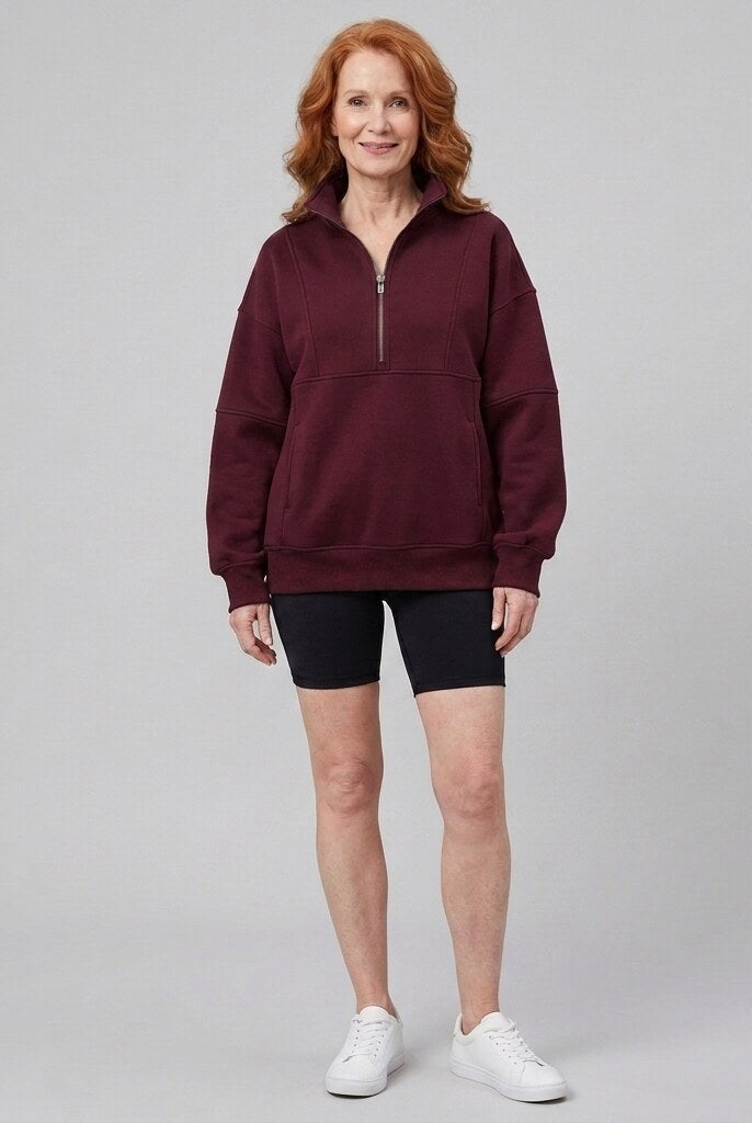 Paloma oversized half-zip sweatshirt in claret on model