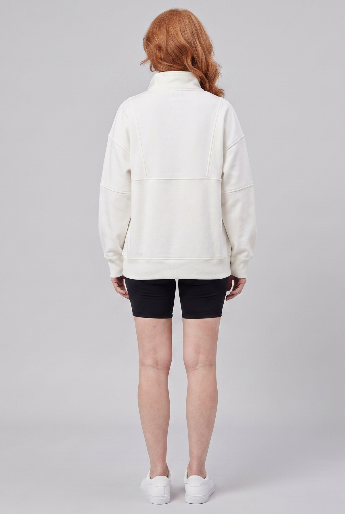 Paloma oversized half-zip sweatshirt in cream, back view on model