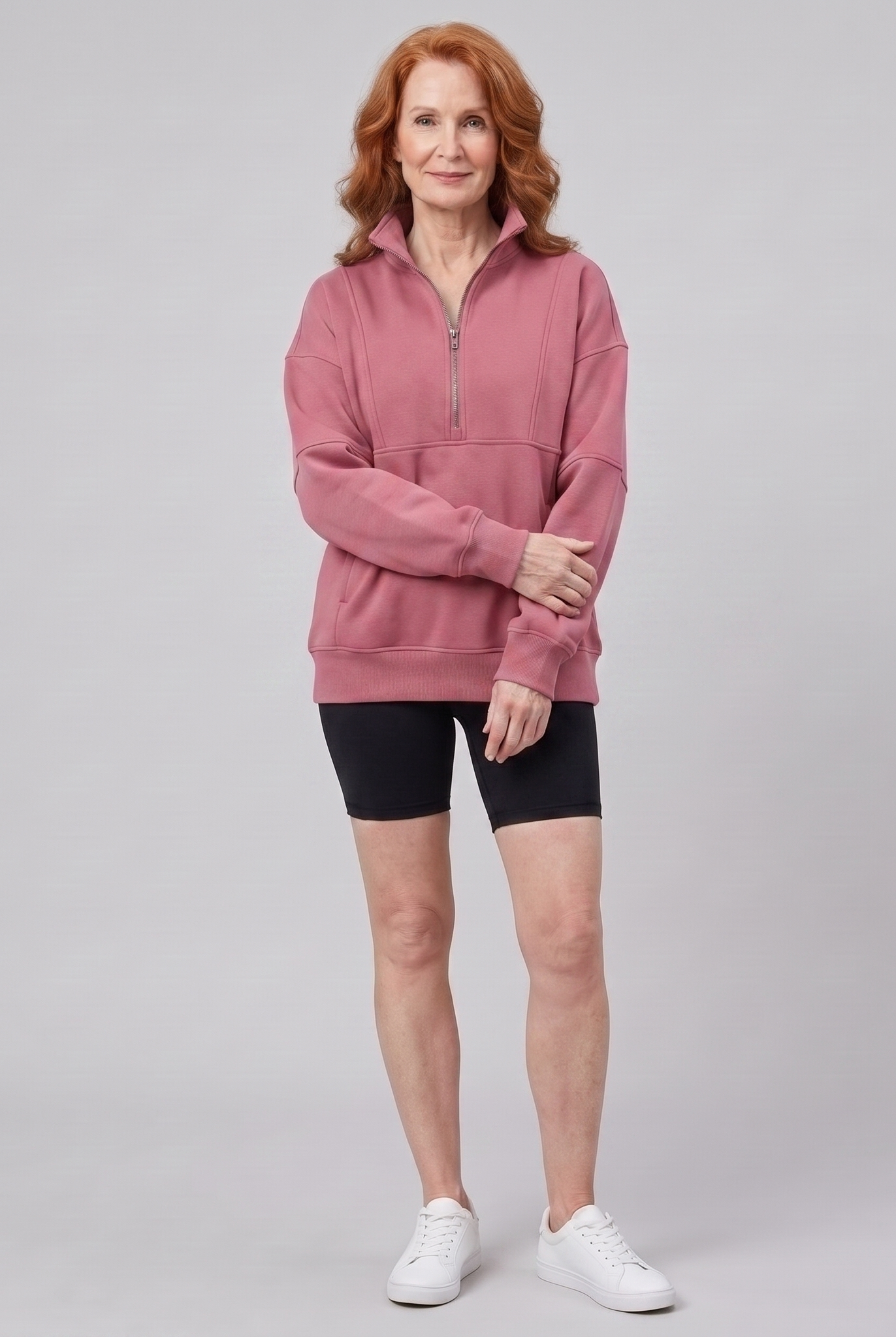 Paloma oversized half-zip sweatshirt in rose red on model