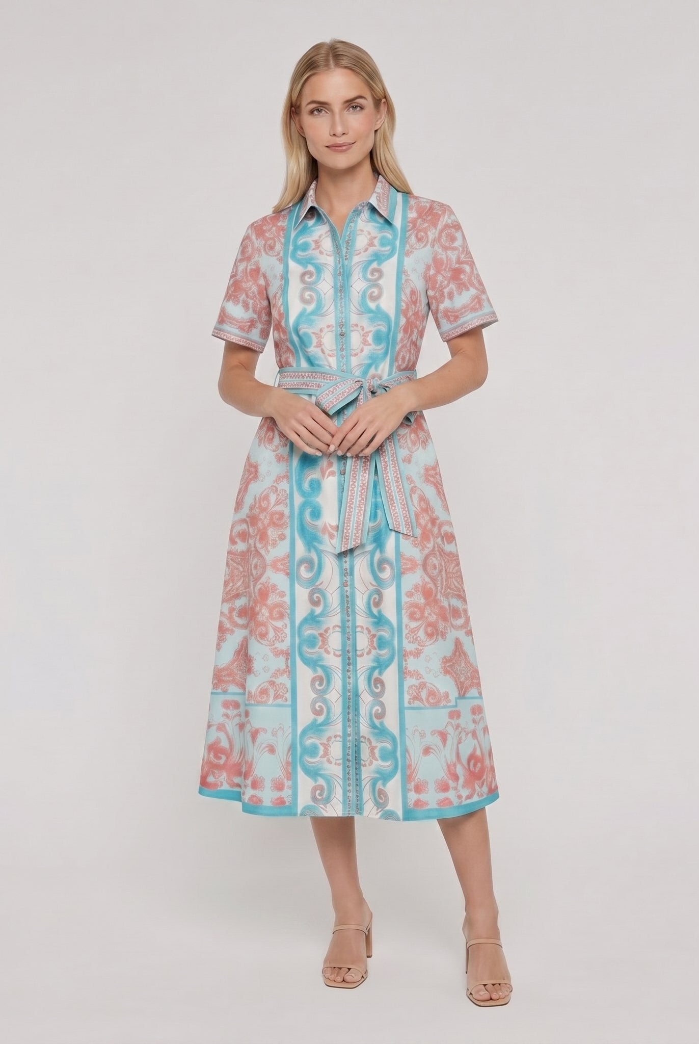 A-line collared midi dress with belt, front view on model