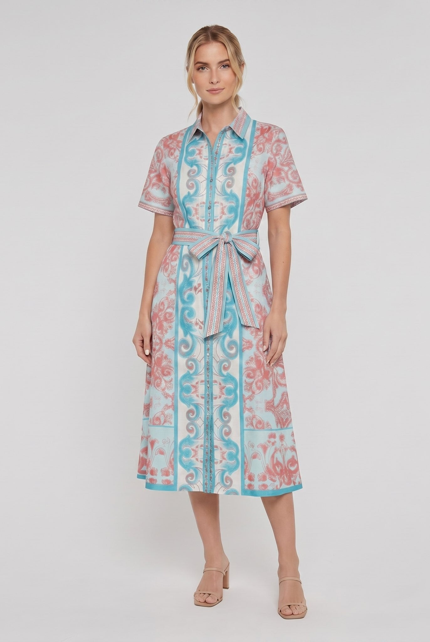 A-line collared midi dress, three-quarter view on model