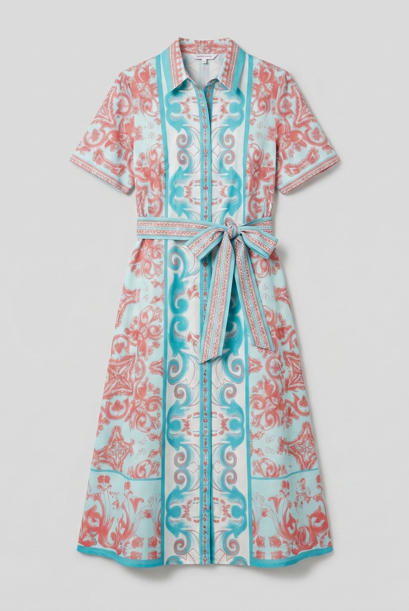 A-line collared midi dress with tie belt, product flat-lay