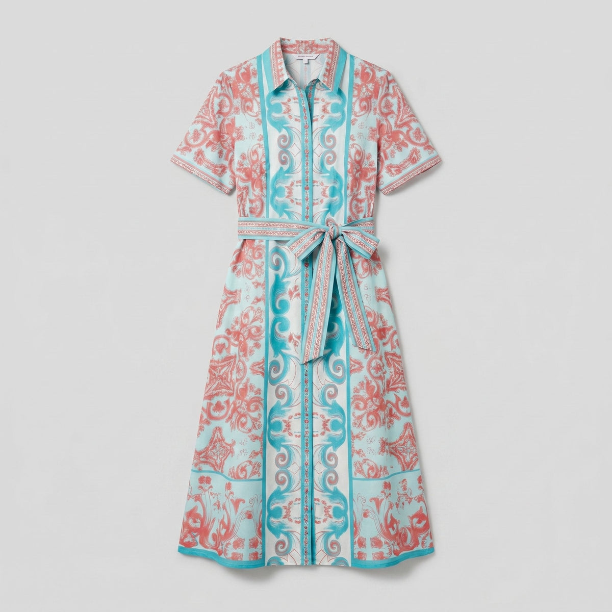 A-line collared midi dress with tie belt, product flat-lay