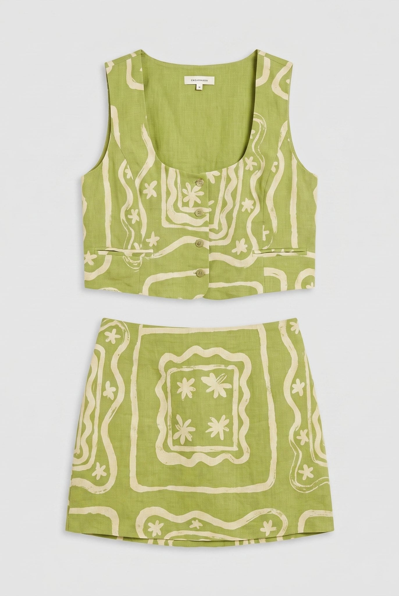 Lime green linen co-ord set, product flat-lay of vest top and mini skirt