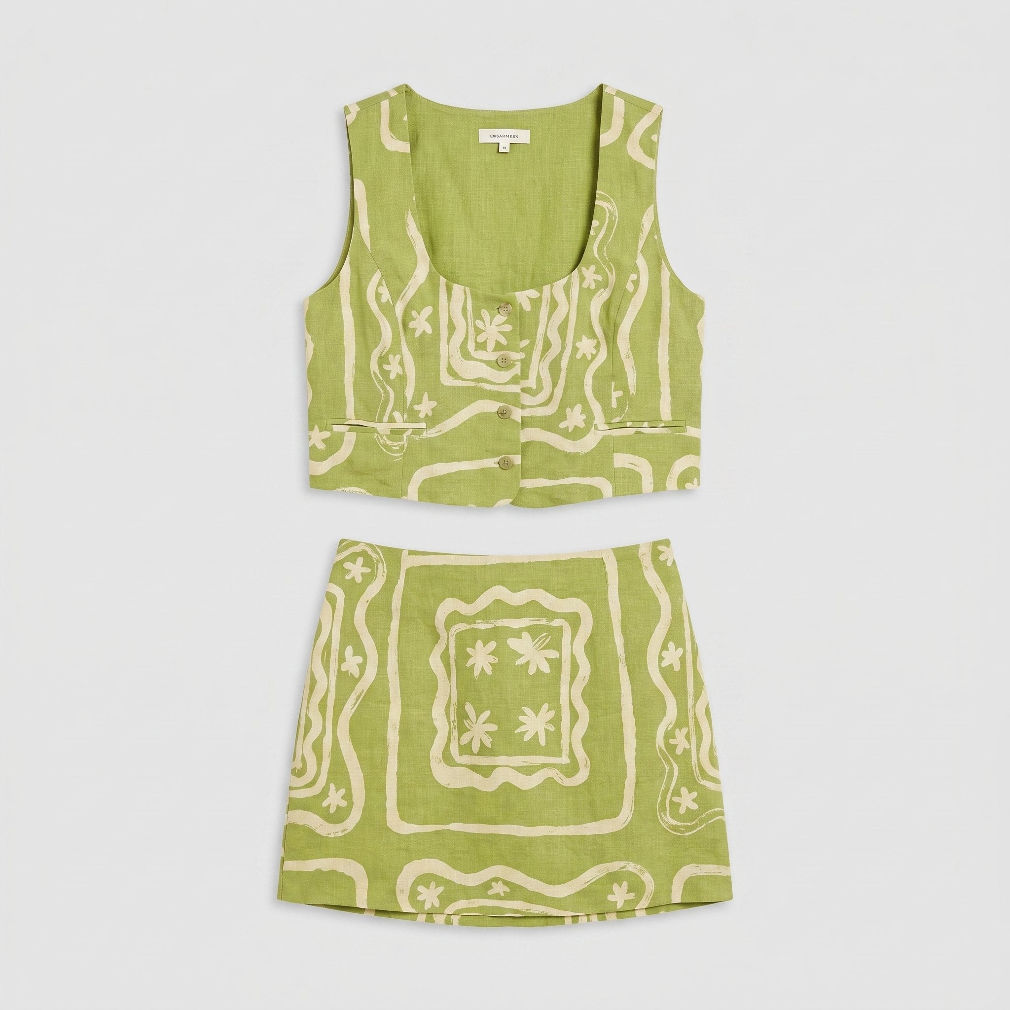 Lime green linen co-ord set, product flat-lay of vest top and mini skirt