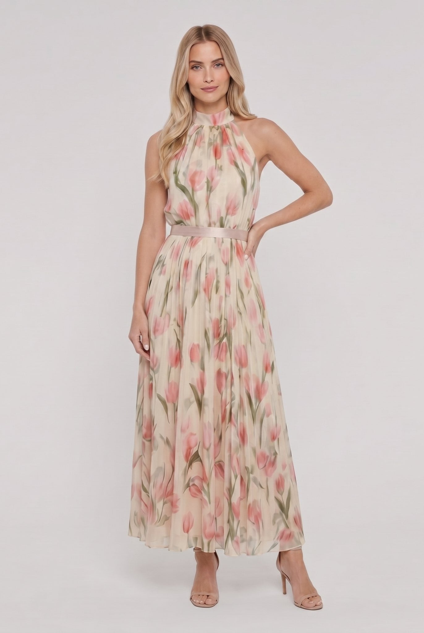 Aurelle floral halter midi dress, full length