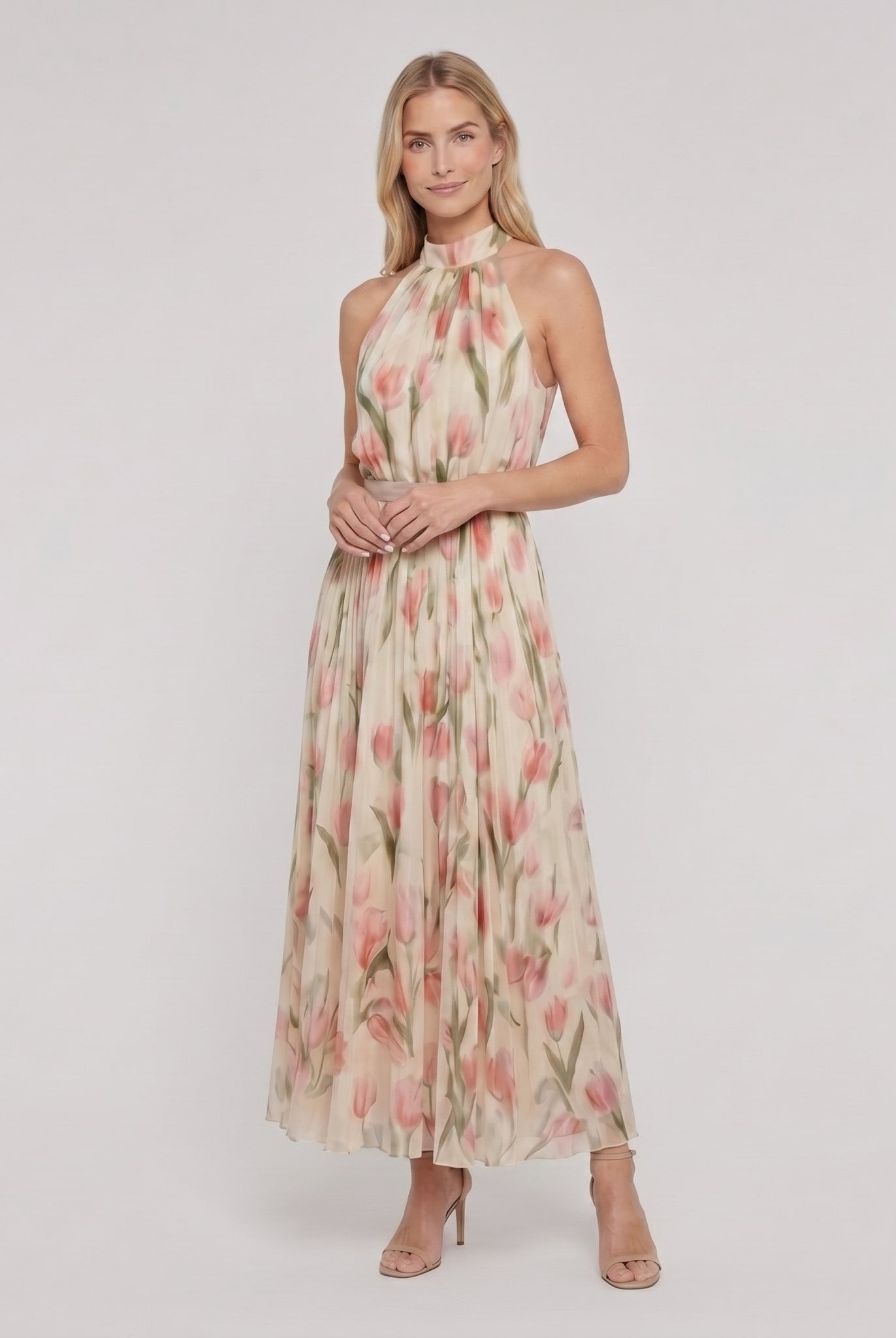 Aurelle floral halter midi dress, three quarter view
