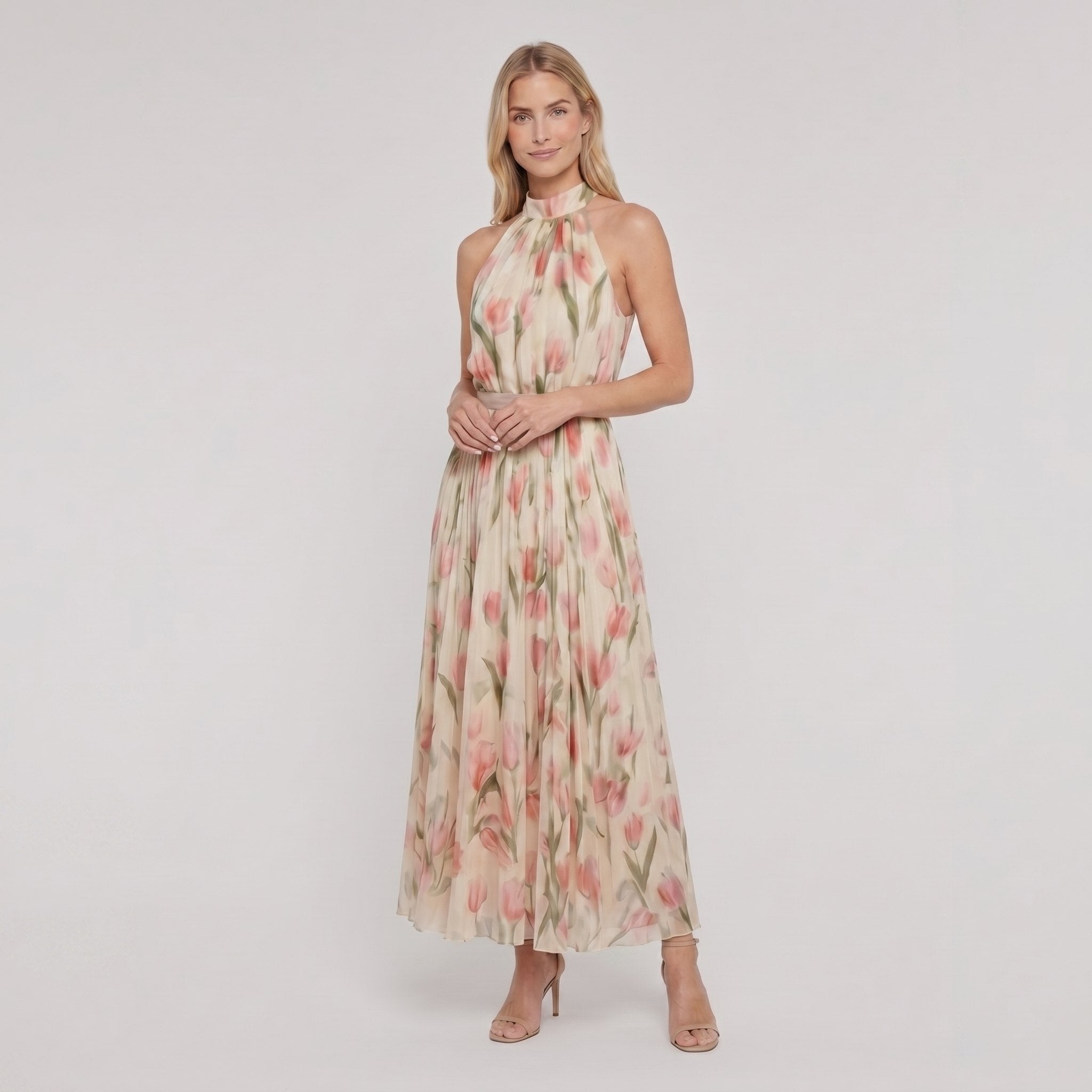 Aurelle floral halter midi dress, three quarter view