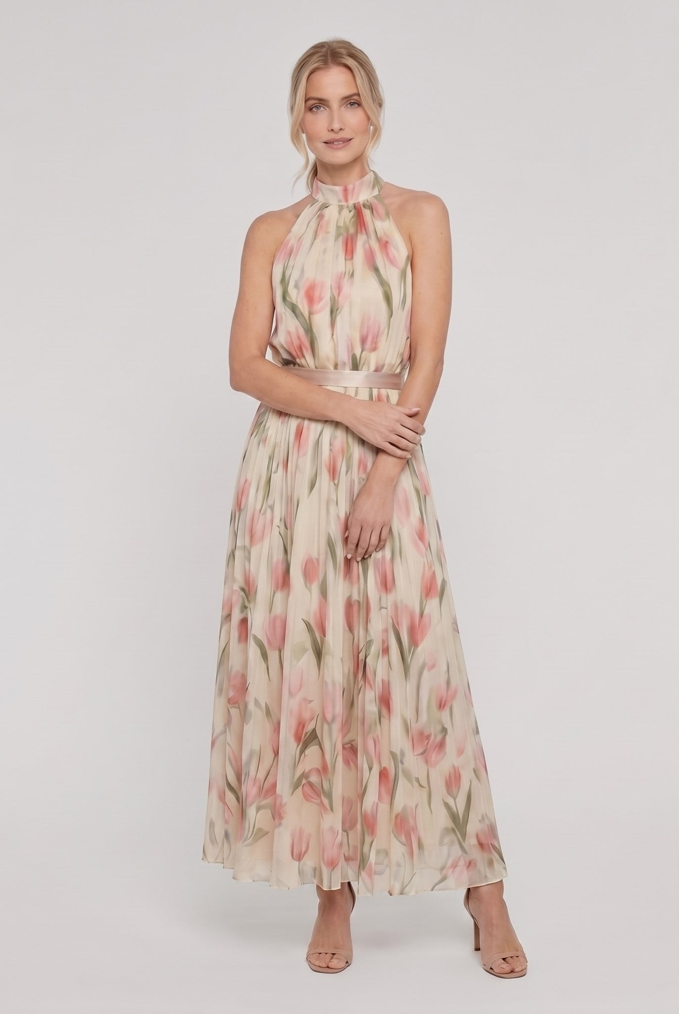 Aurelle floral halter midi dress, front view