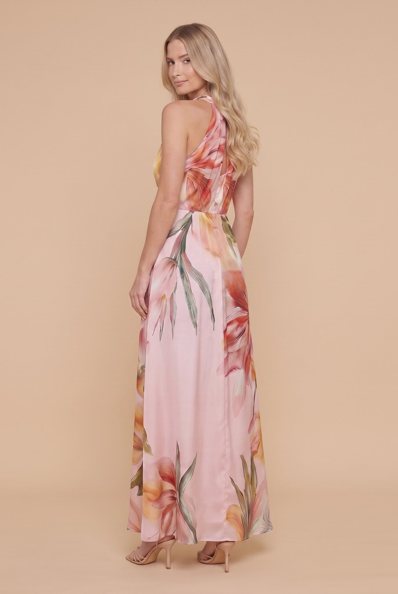 Pink floral halter maxi dress back view