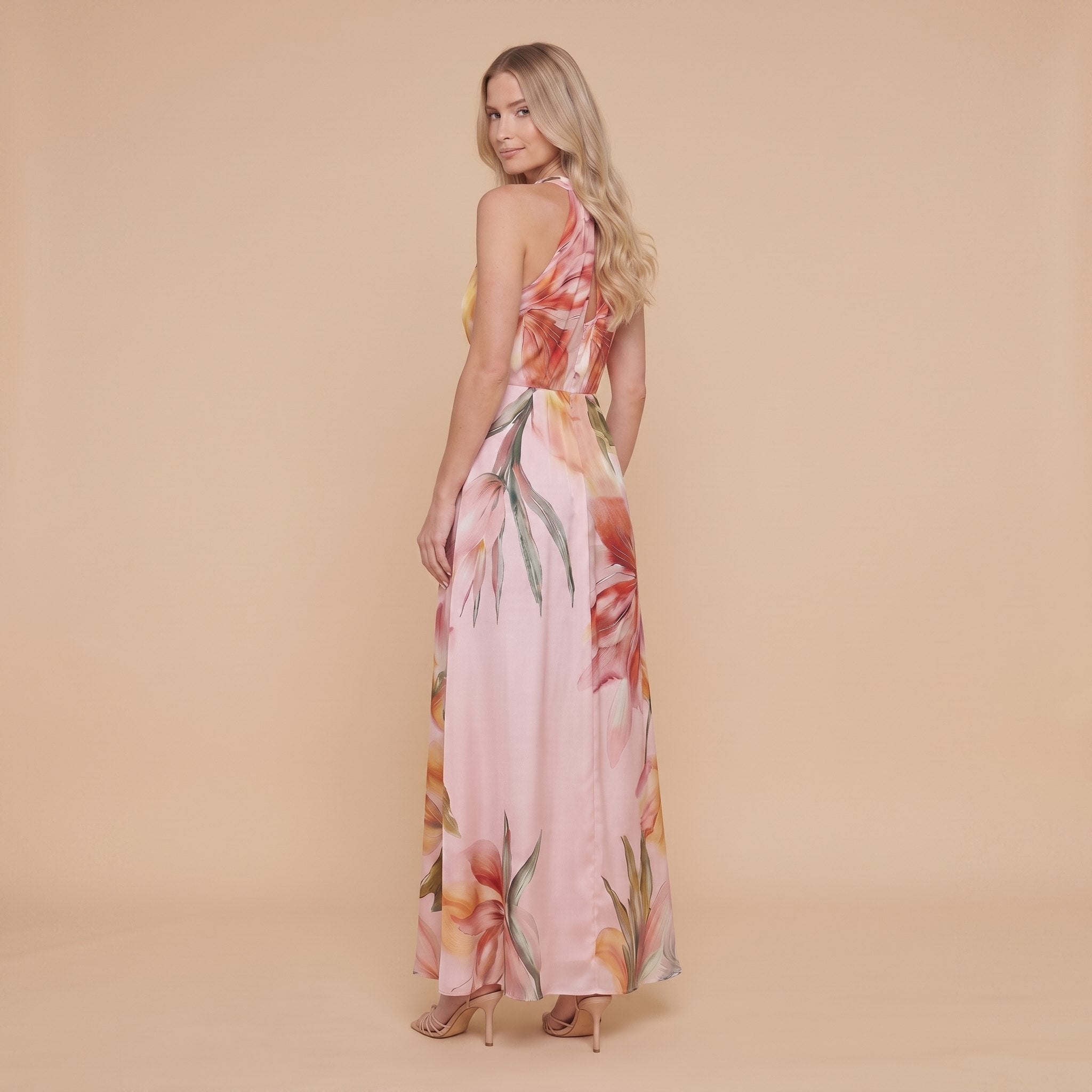 Pink floral halter maxi dress back view