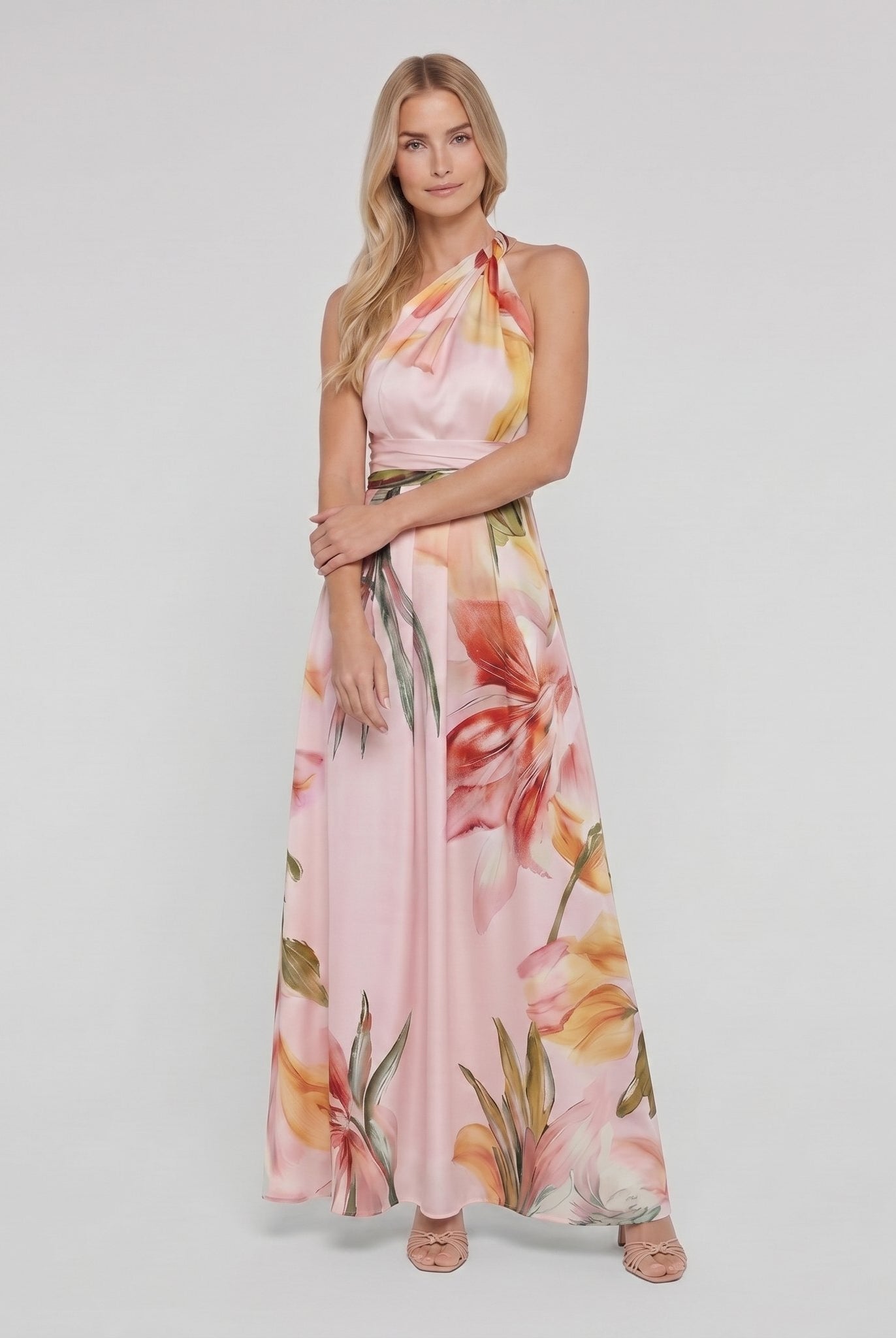 Ava floral maxi dress in pink, halter neck, full length