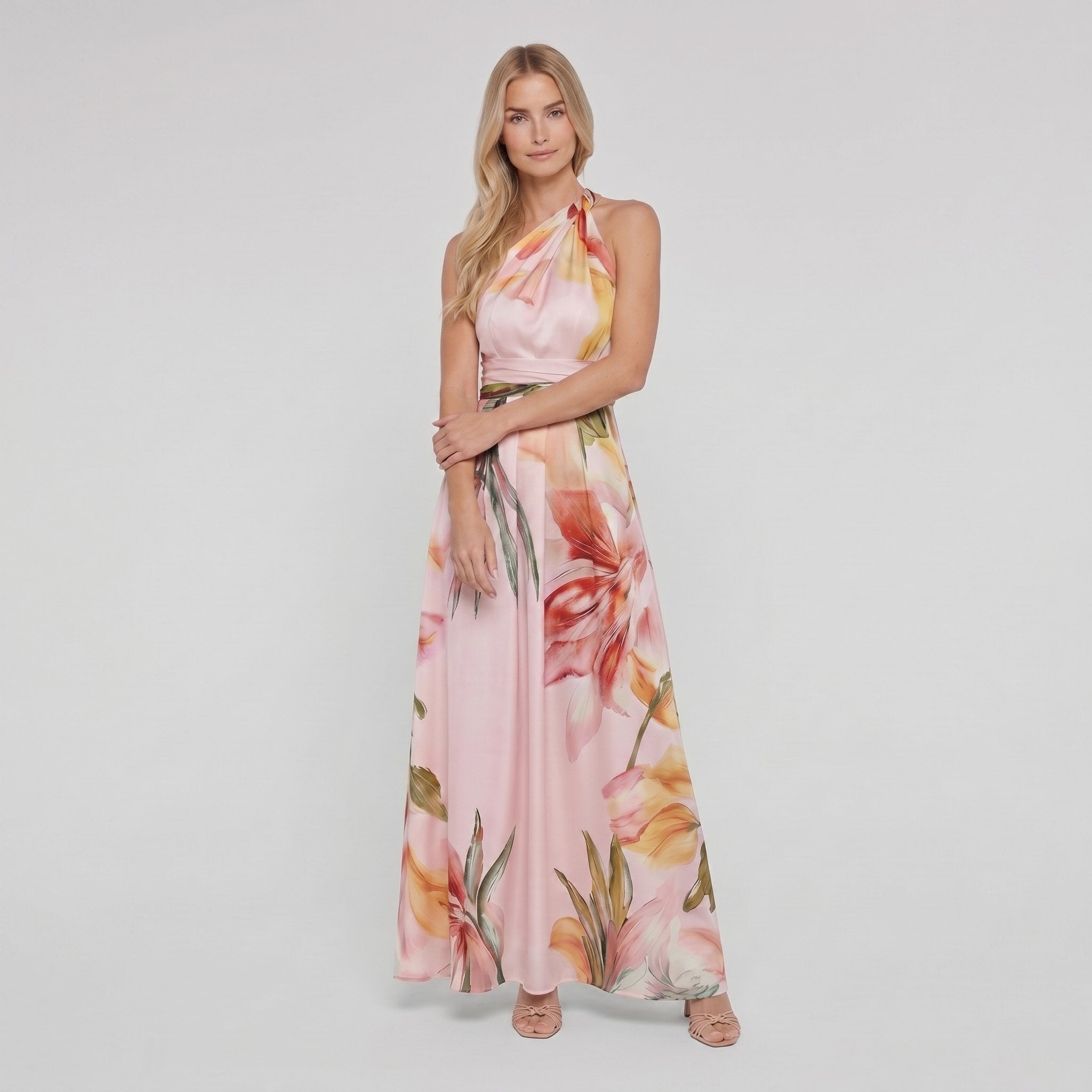 Ava floral maxi dress in pink, halter neck, full length