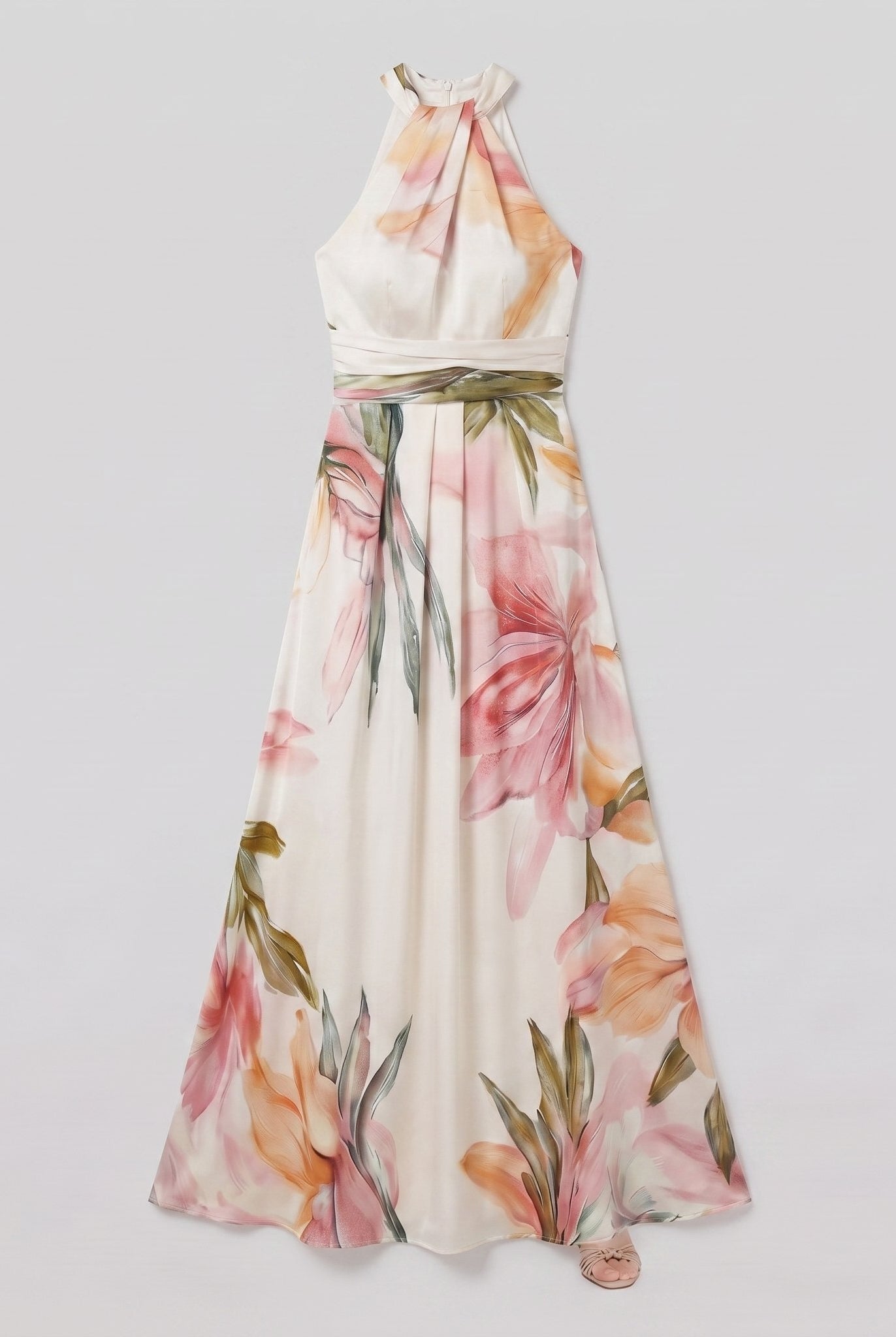 White floral halter maxi dress product flat lay