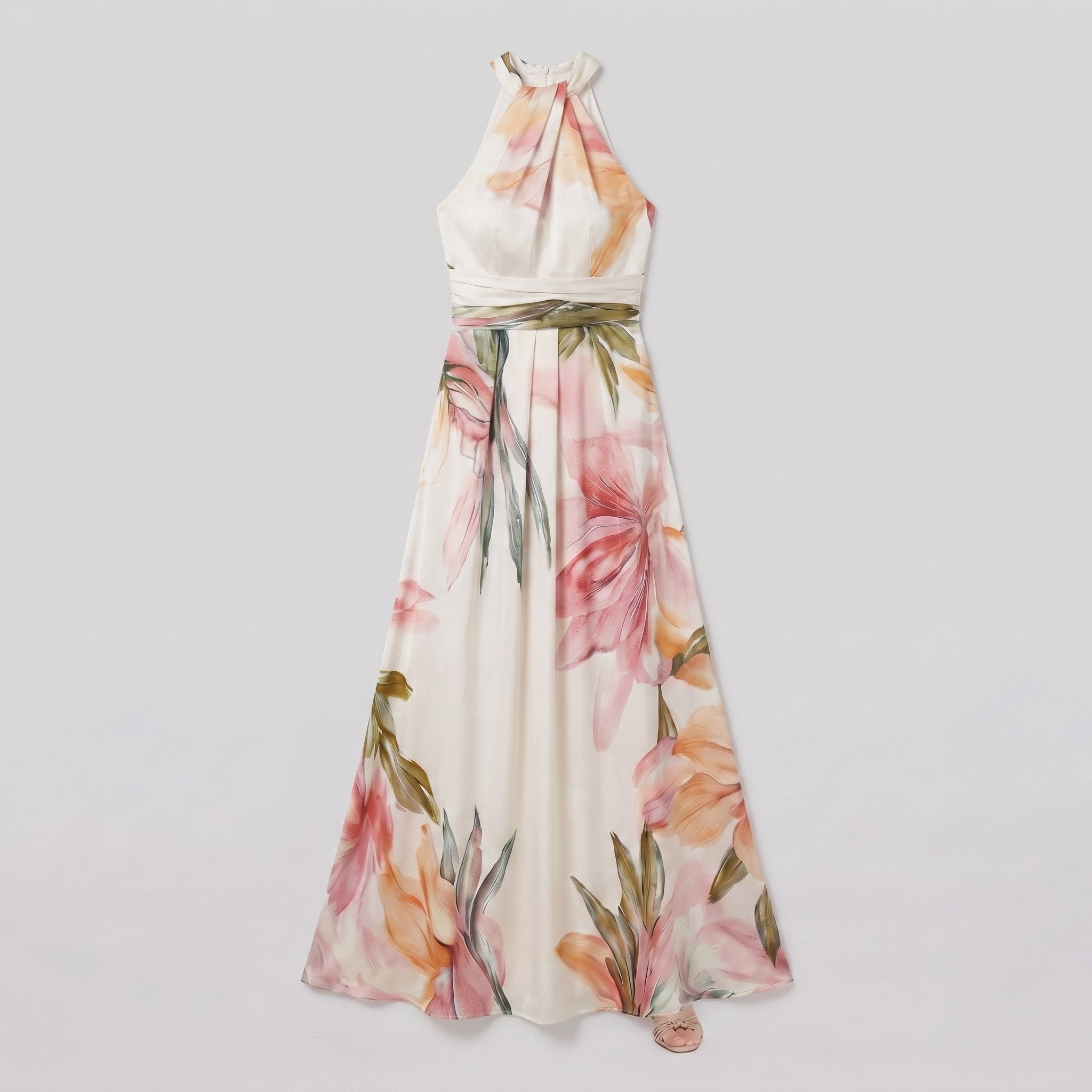 White floral halter maxi dress product flat lay