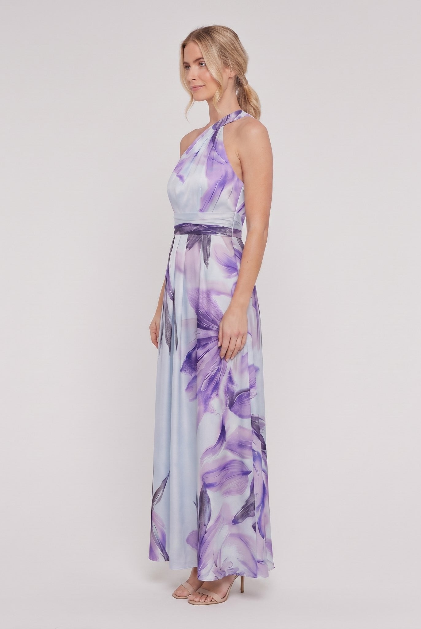 Purple floral halter maxi dress side view