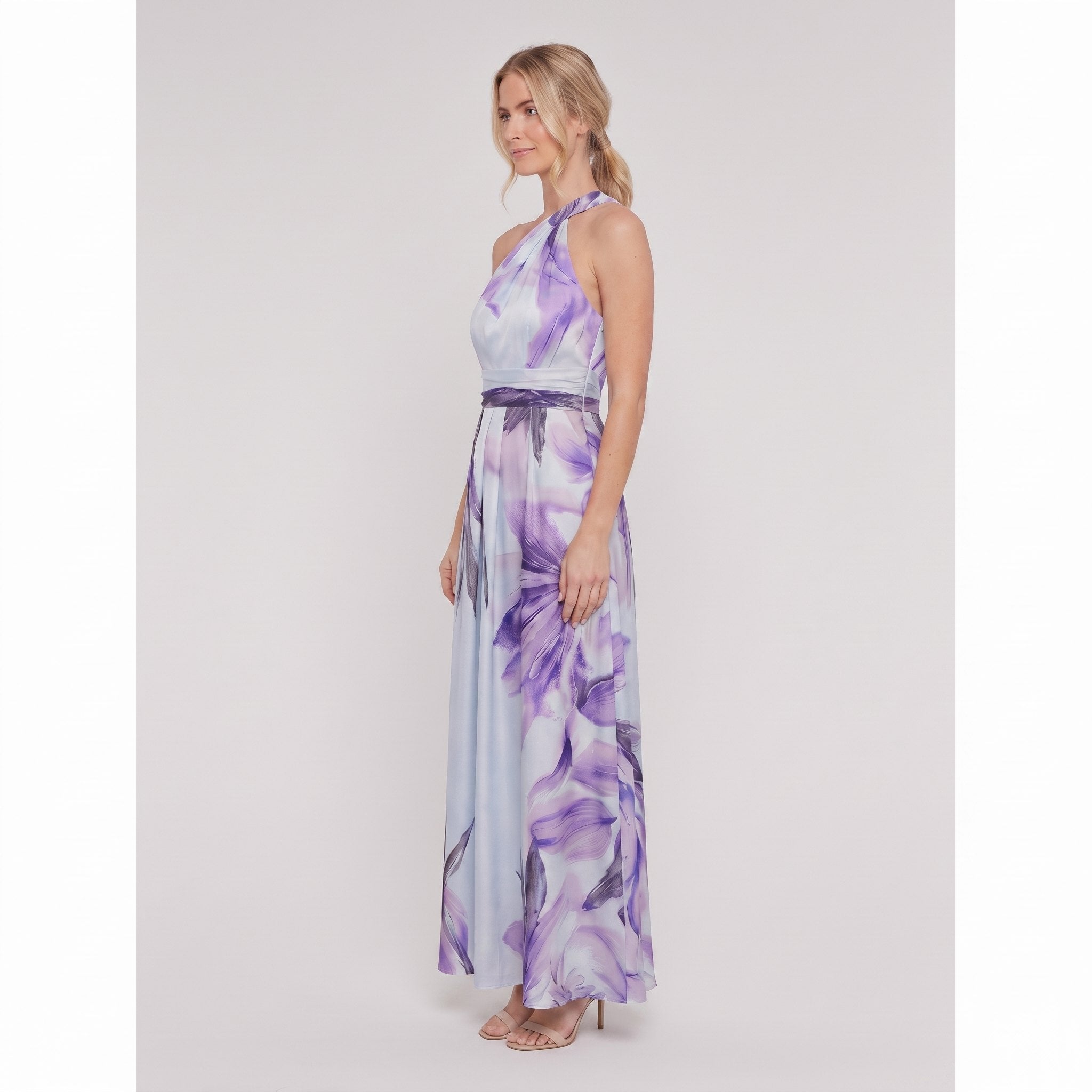 Purple floral halter maxi dress side view