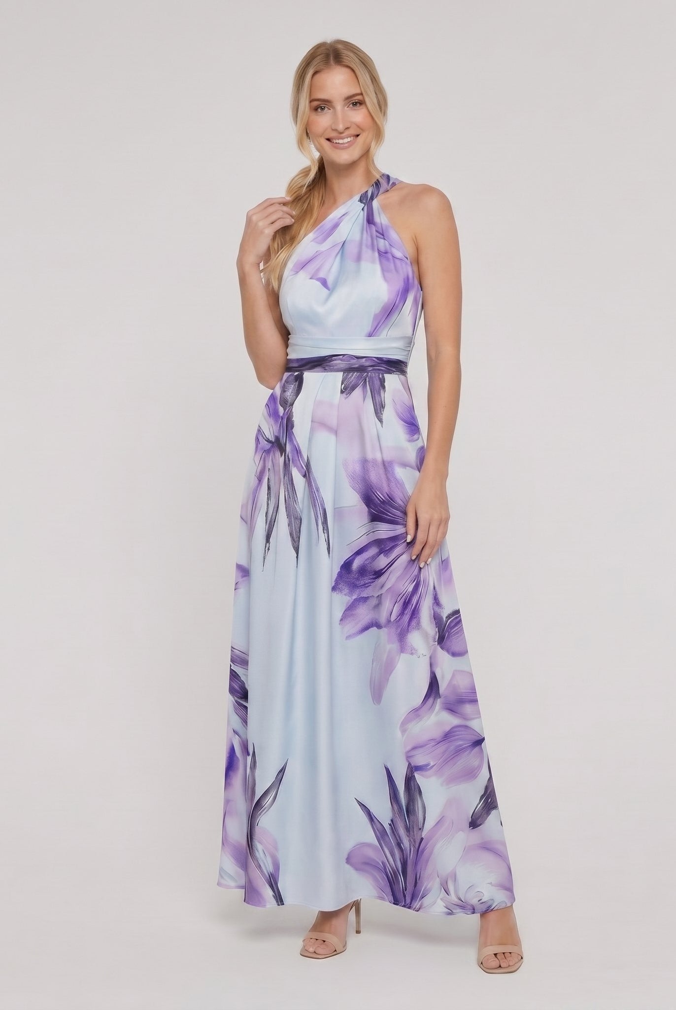 Ava floral maxi dress in purple, halter neck, full length