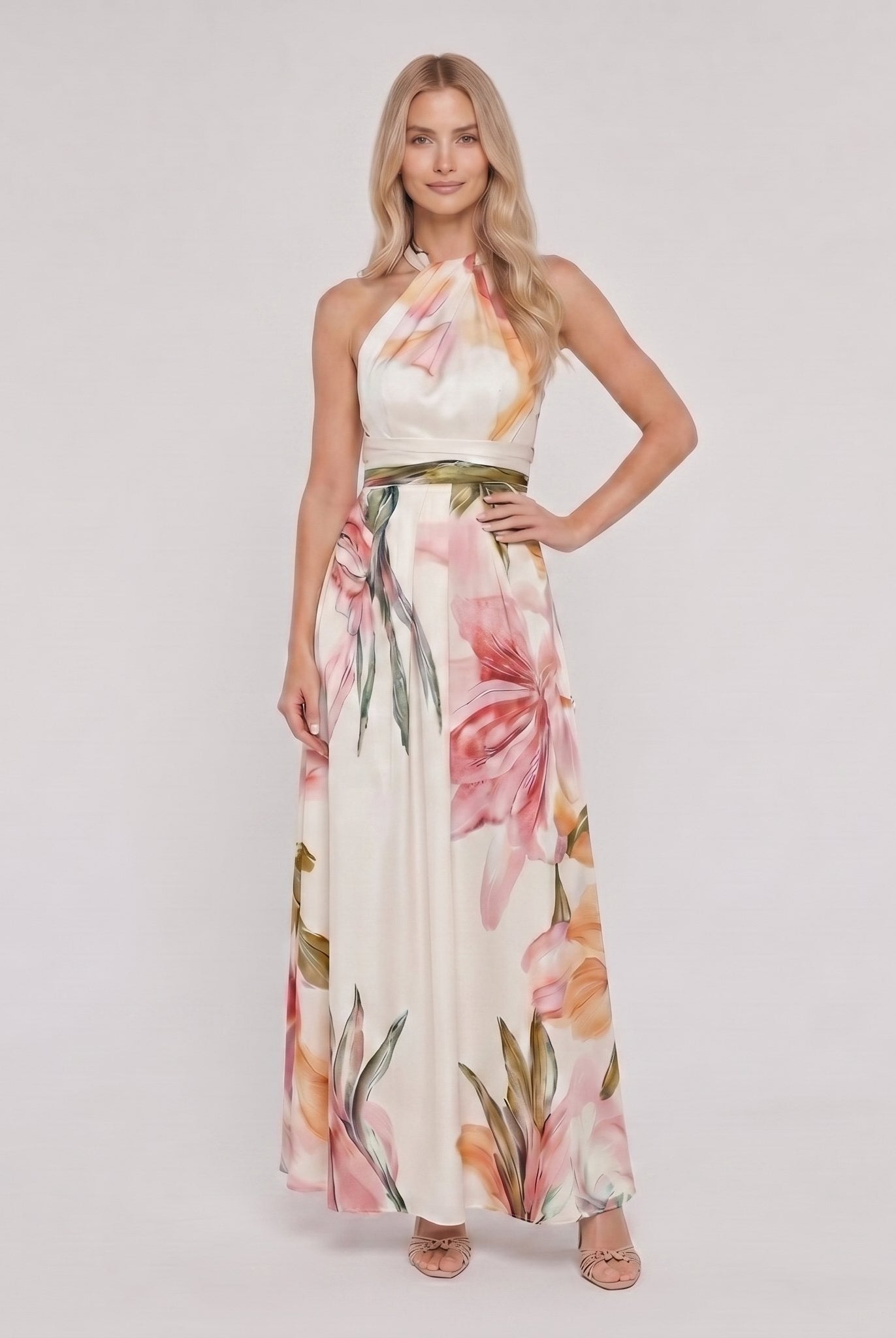 White floral halter maxi dress front view
