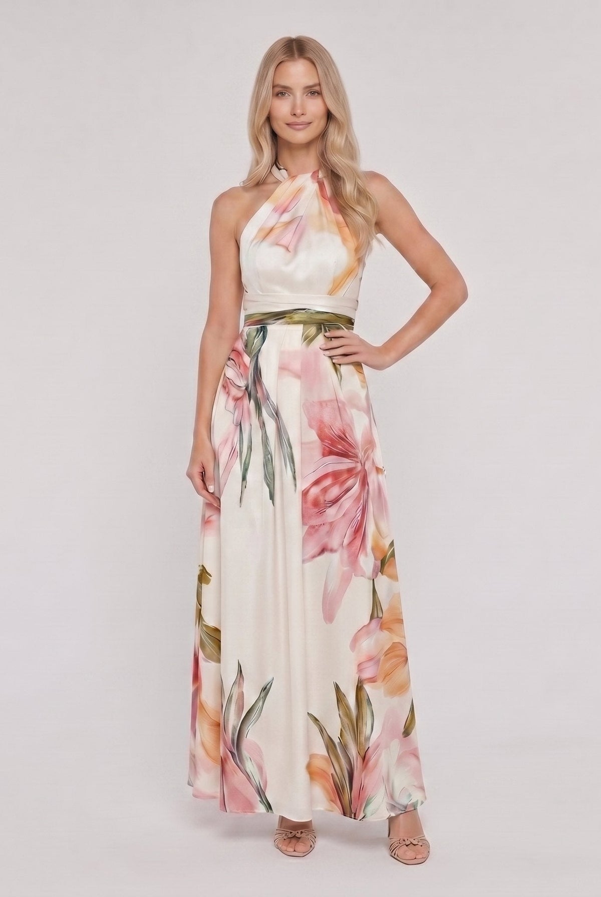 White floral halter maxi dress front view