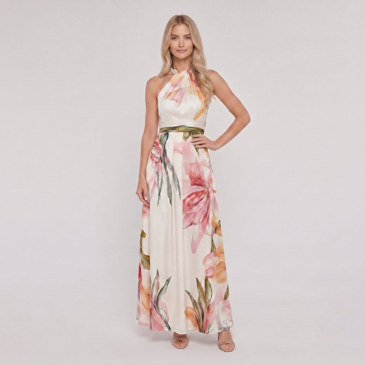 White floral halter maxi dress front view