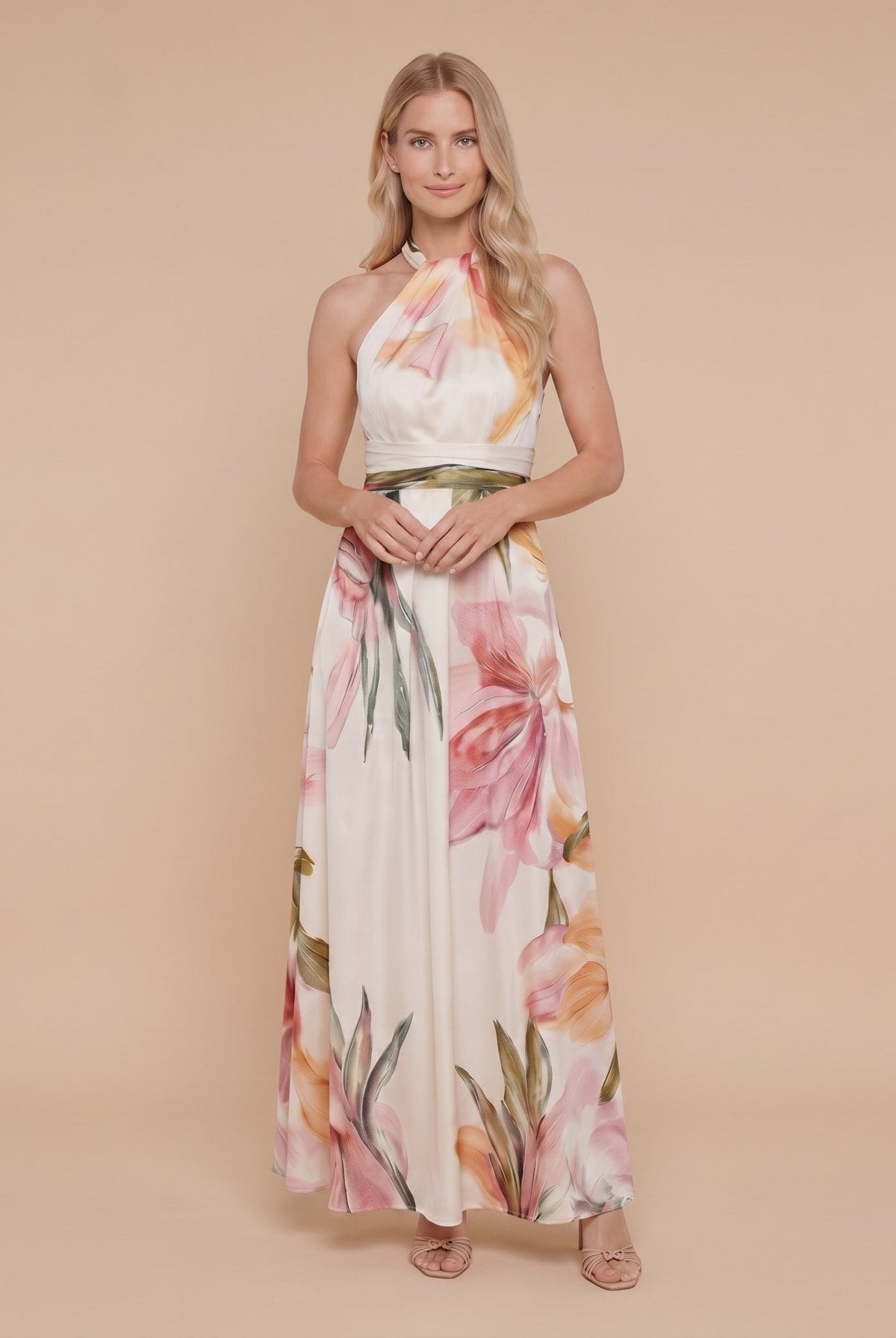 White floral halter maxi dress front pose