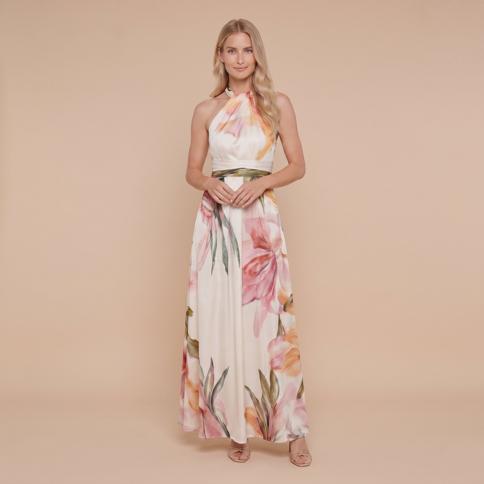 White floral halter maxi dress front pose