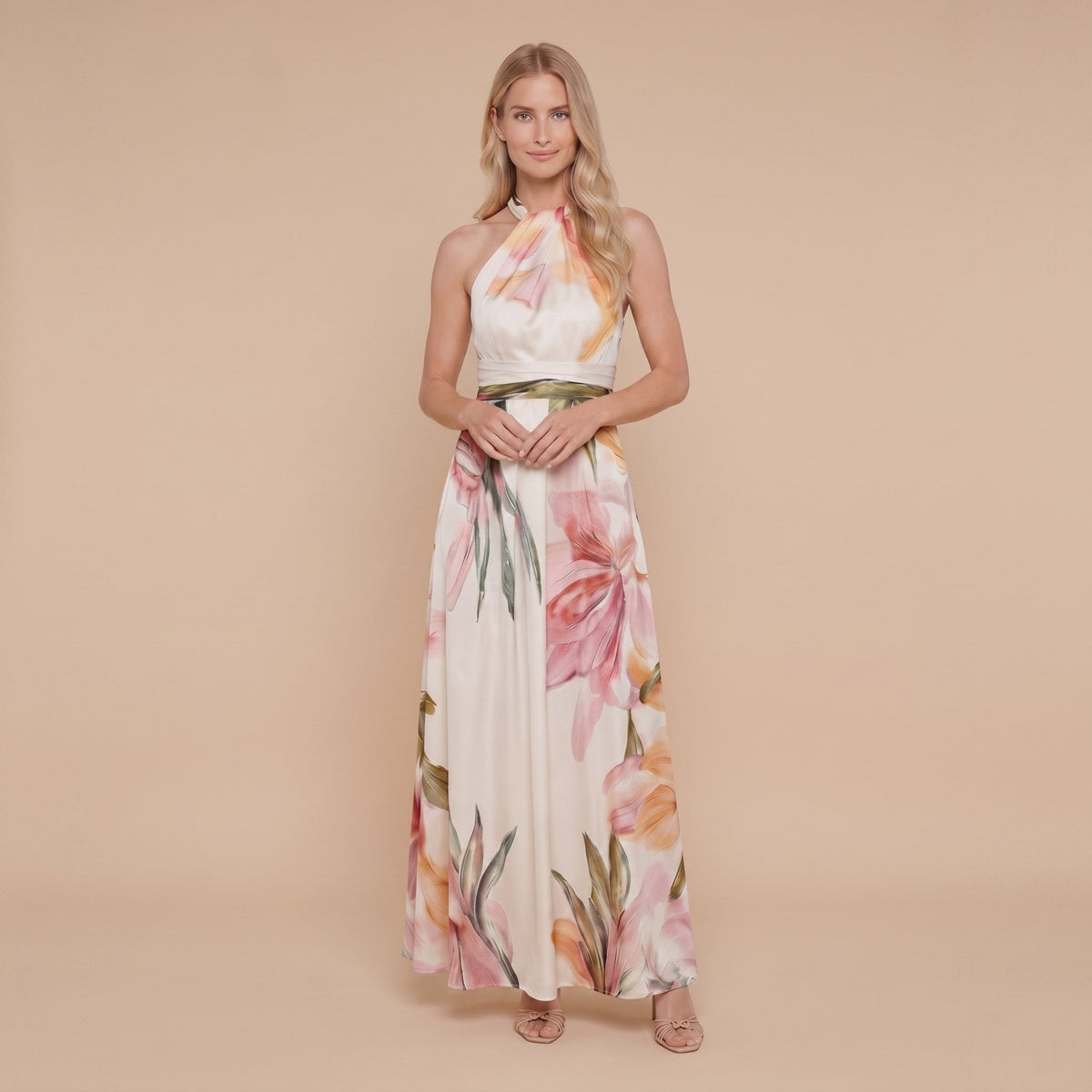 White floral halter maxi dress front pose