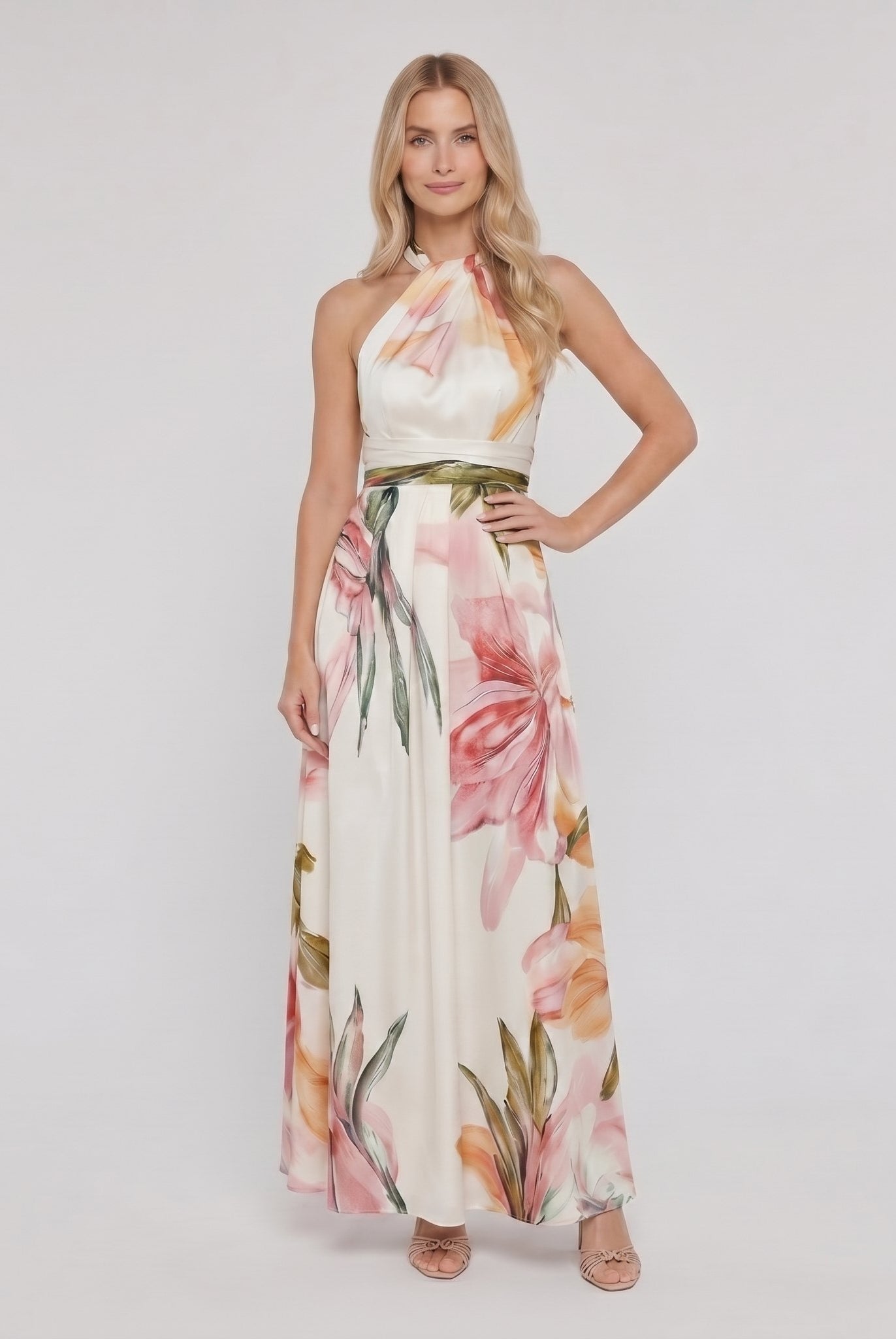 Ava floral maxi dress in white, halter neck, full length