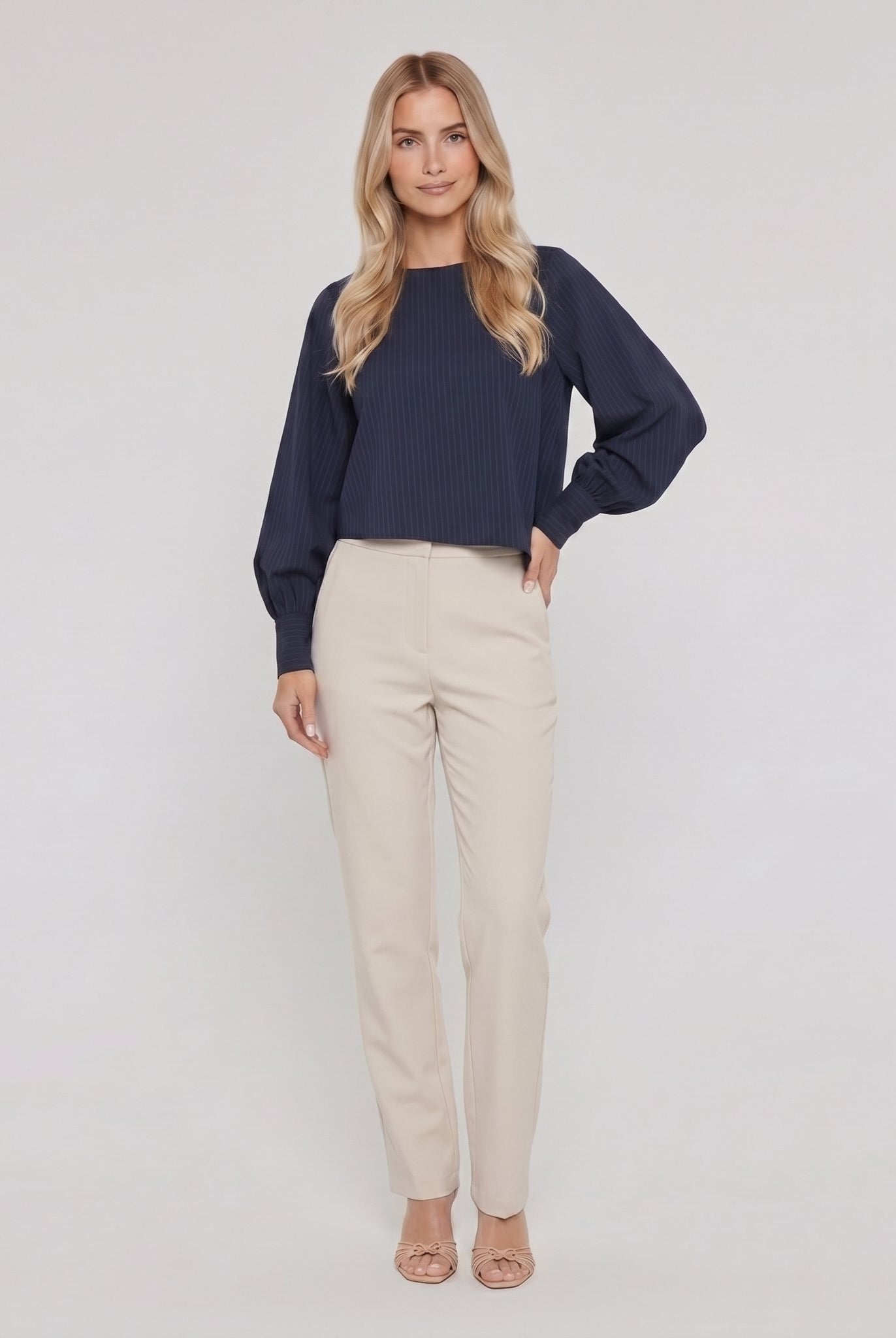 Pamela Boutique navy batwing long-sleeve ribbed crop top, model front view