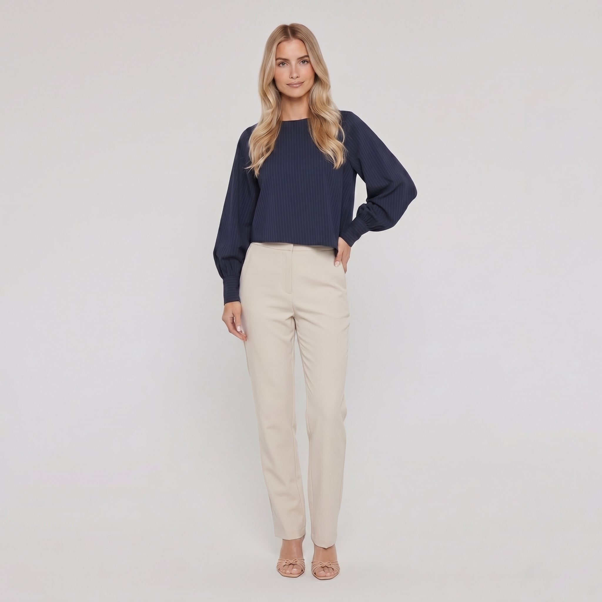Pamela Boutique navy batwing long-sleeve ribbed crop top, model front view