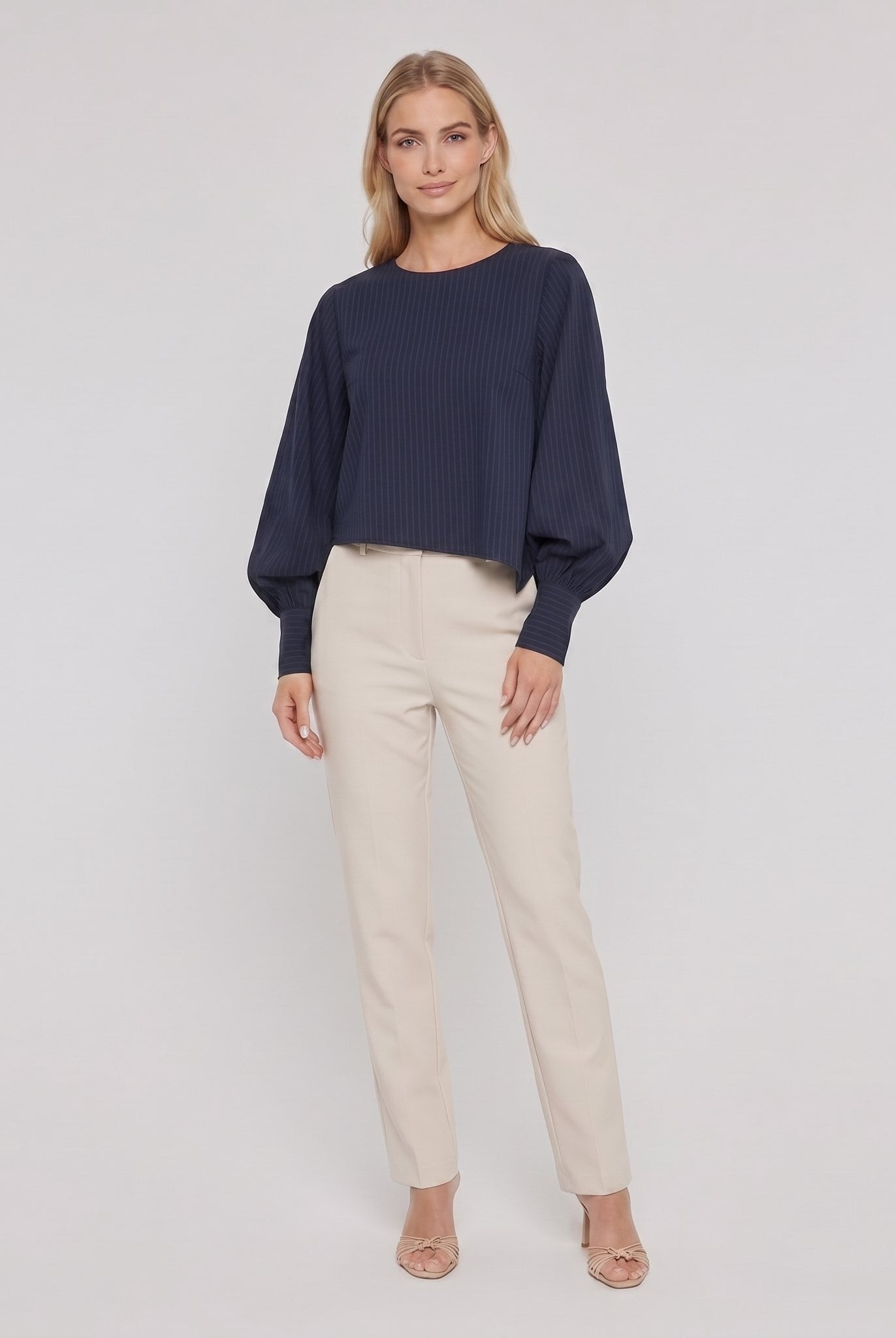 Pamela Boutique navy batwing ribbed crop top, model view