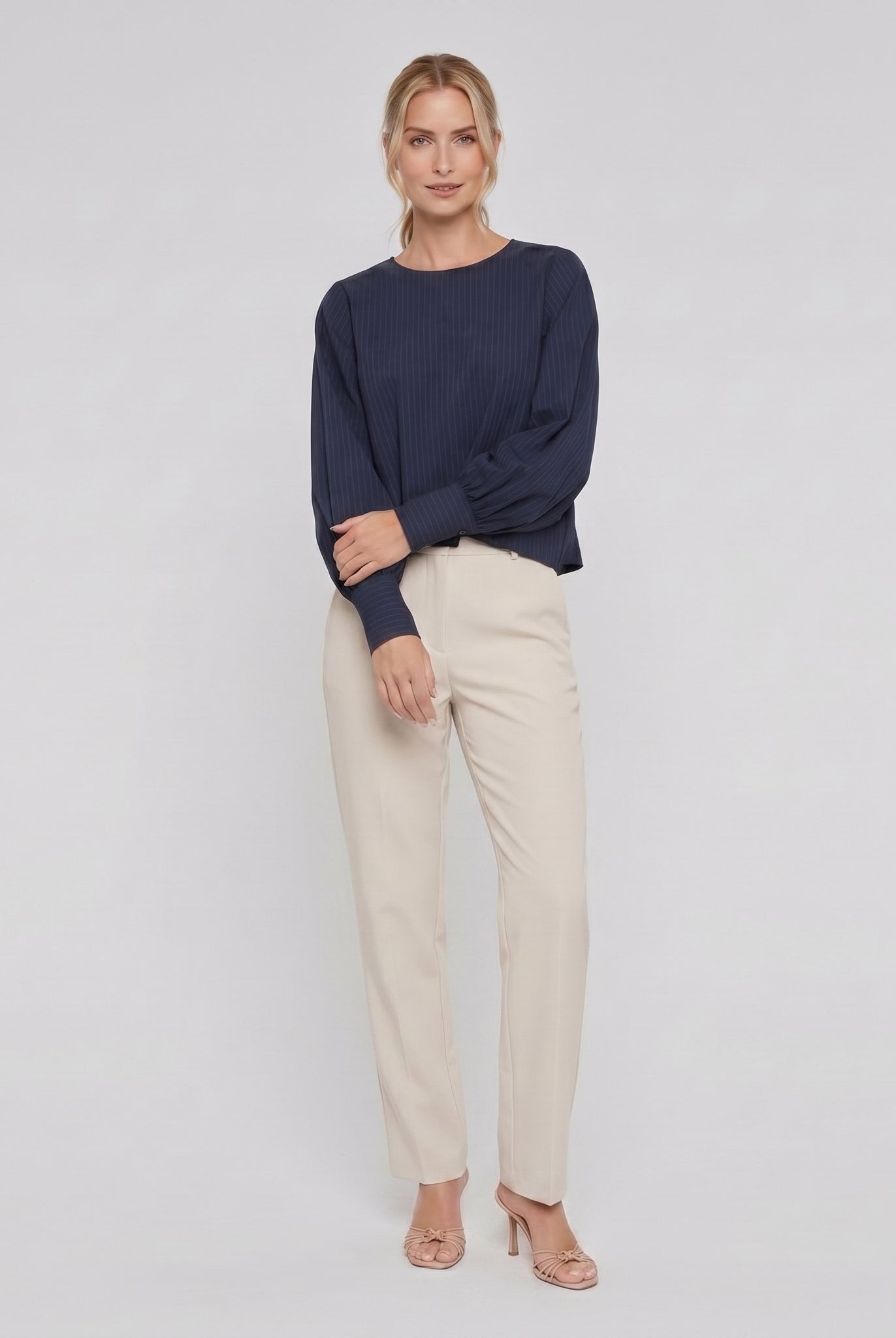 Pamela Boutique navy batwing ribbed crop top, model side pose