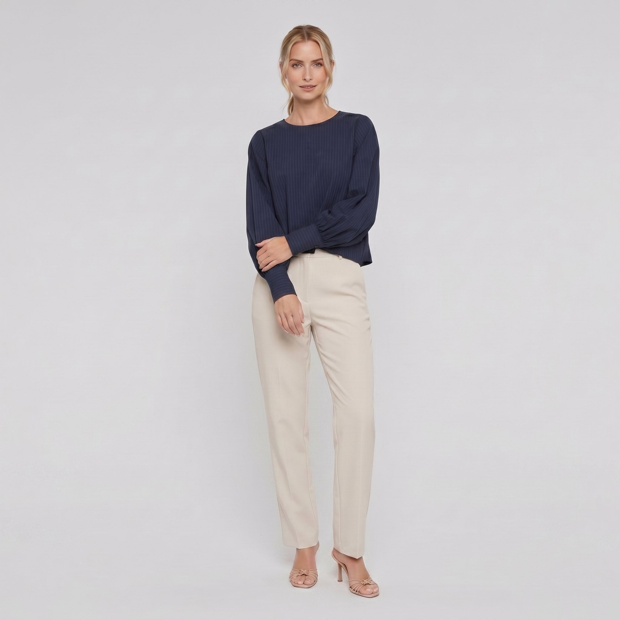 Pamela Boutique navy batwing ribbed crop top, model side pose