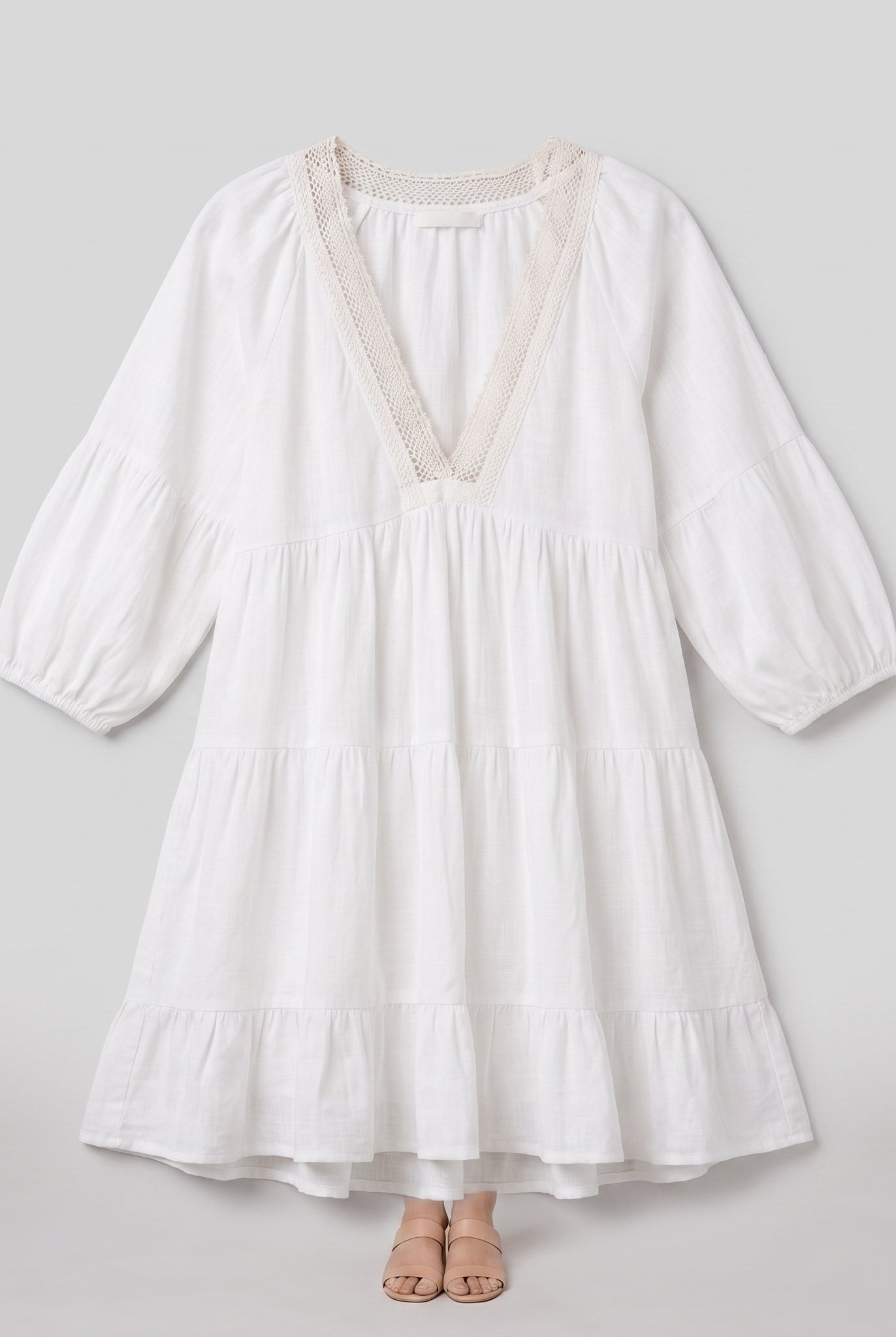 White cotton-linen tiered lace V-neck mini dress, product flat-lay