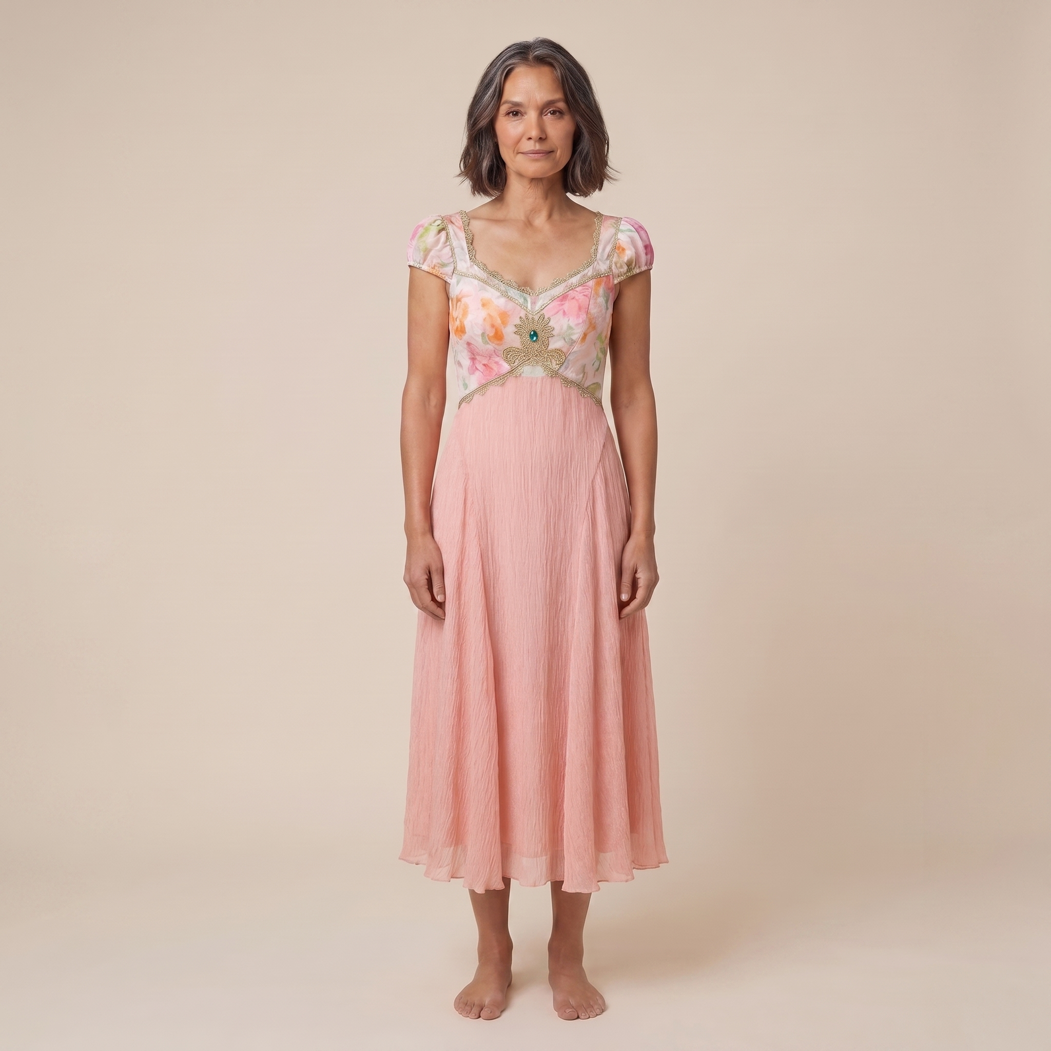 Blaze Cloud Dress in pink chiffon with lace embroidery, model front view — front