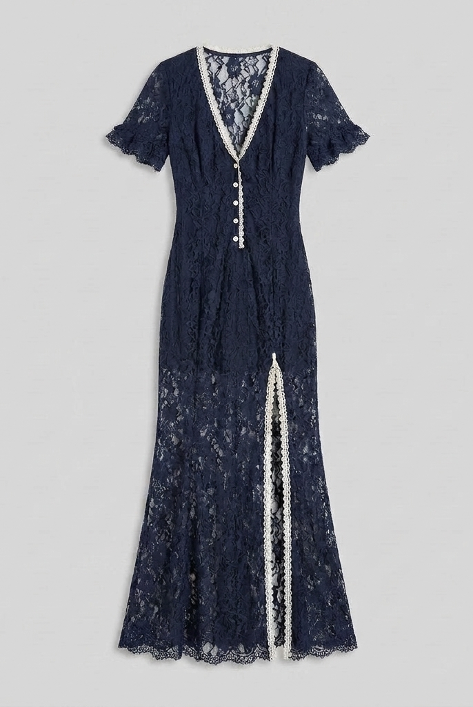 Bora Midi Dress navy floral lace product flat-lay — flat-lay