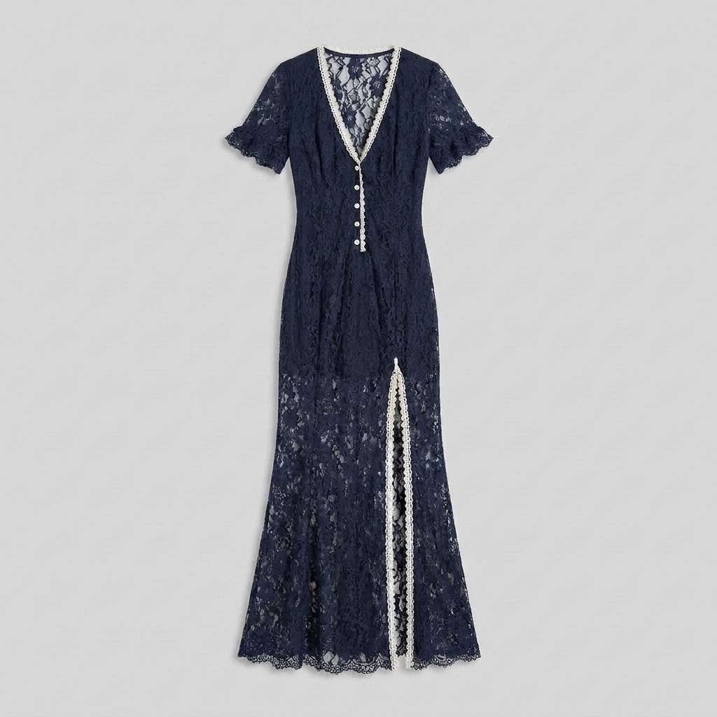 Bora Midi Dress navy floral lace product flat-lay — flat-lay