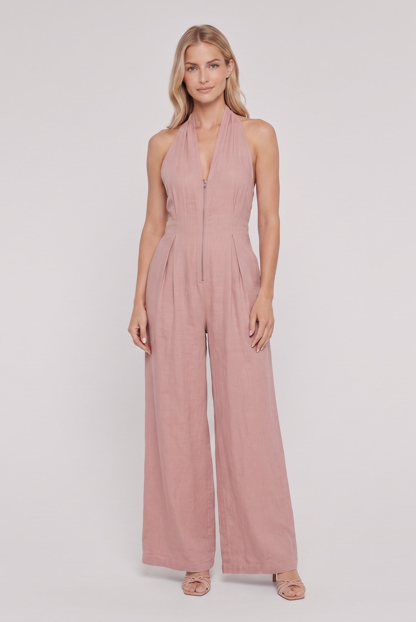 Dusty rose pink halter-neck wide-leg jumpsuit, front view