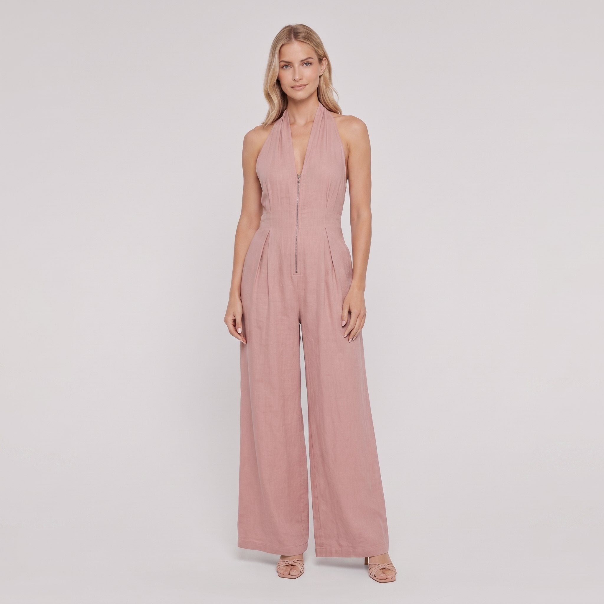Dusty rose pink halter-neck wide-leg jumpsuit, front view