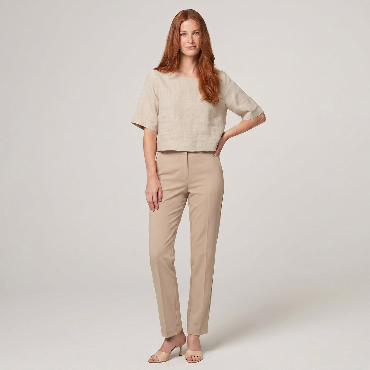 Model wearing natural linen boxy crop top - Breezy Boxy Crop Top