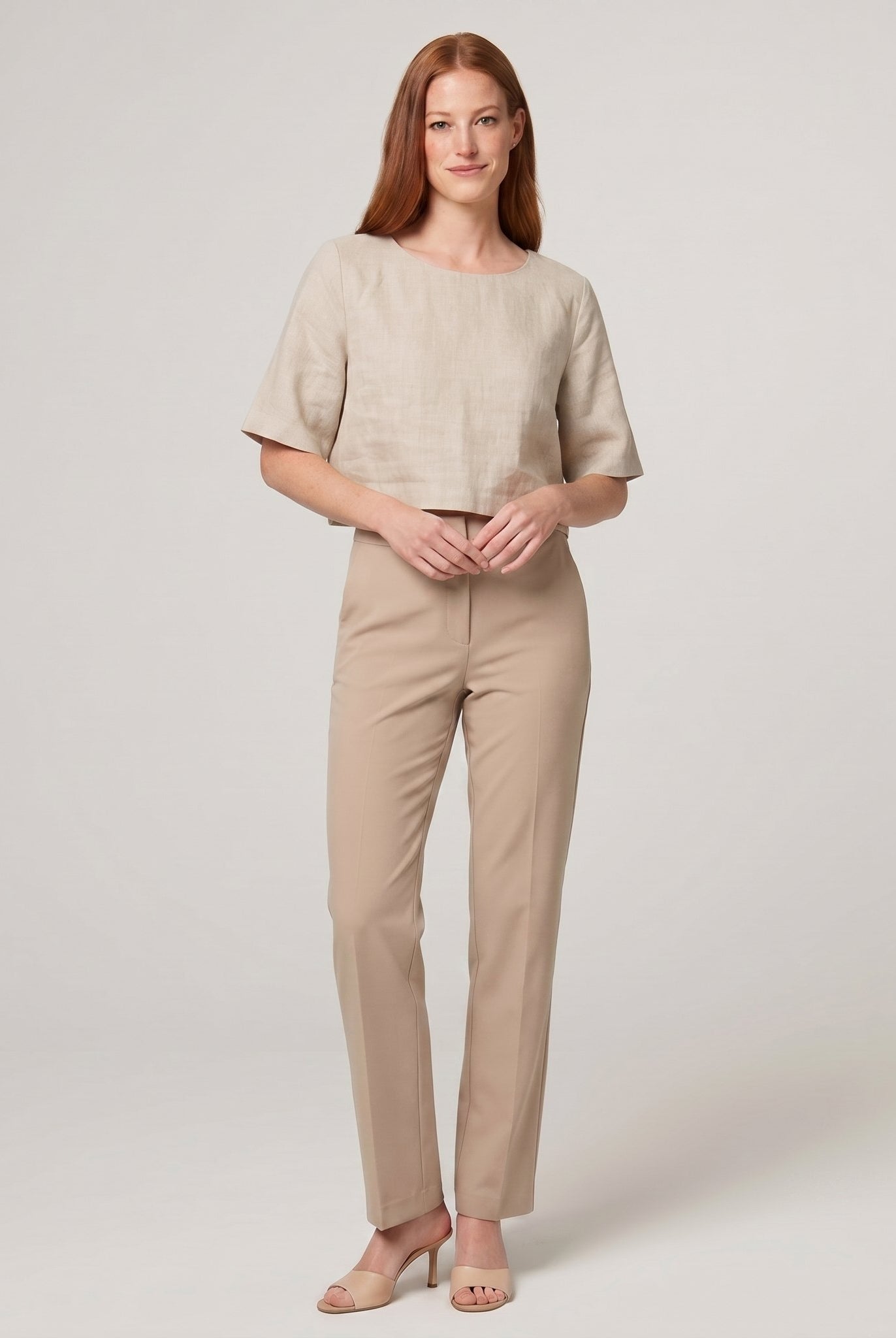 Model wearing natural linen boxy crop top front view - Breezy Boxy Crop Top