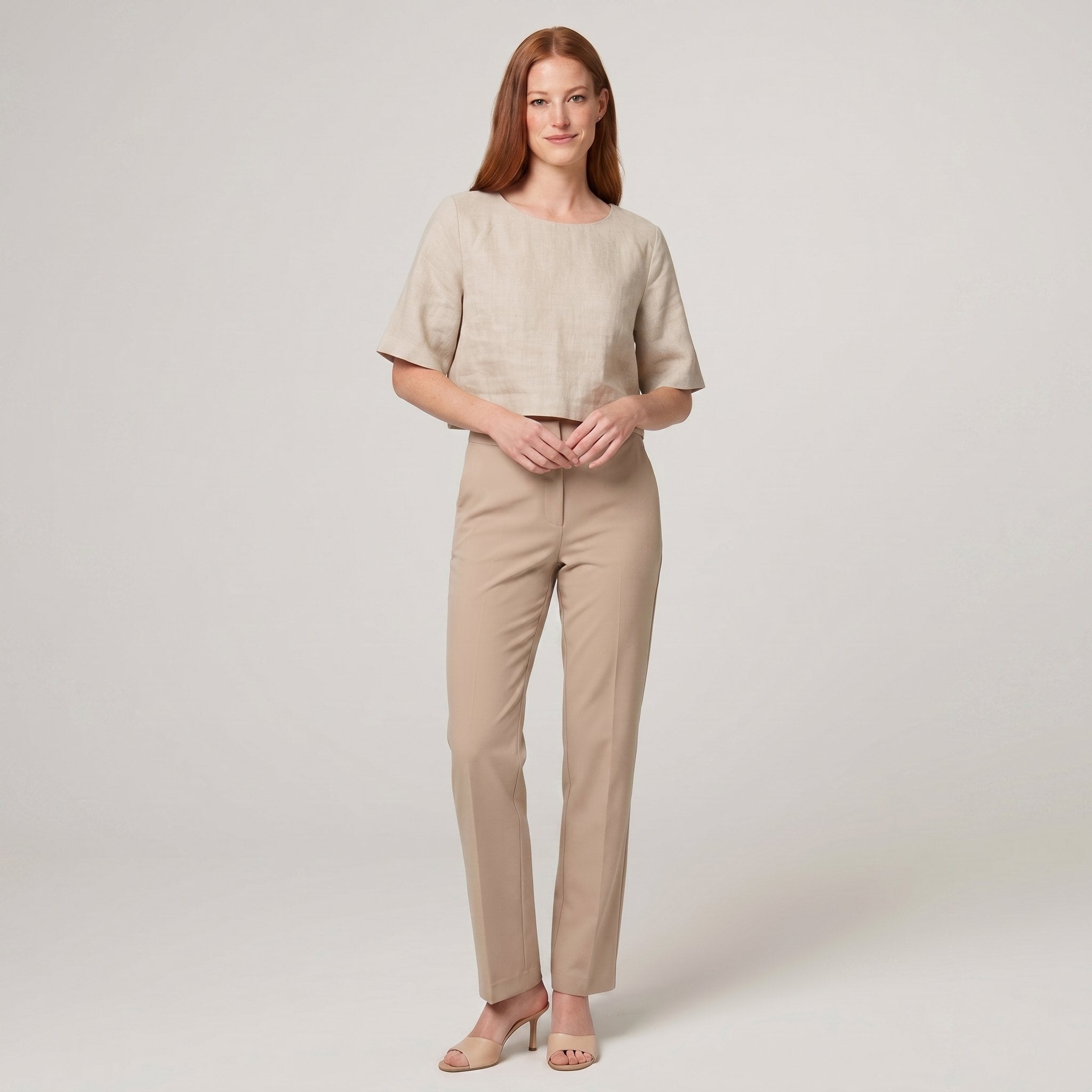 Model wearing natural linen boxy crop top front view - Breezy Boxy Crop Top