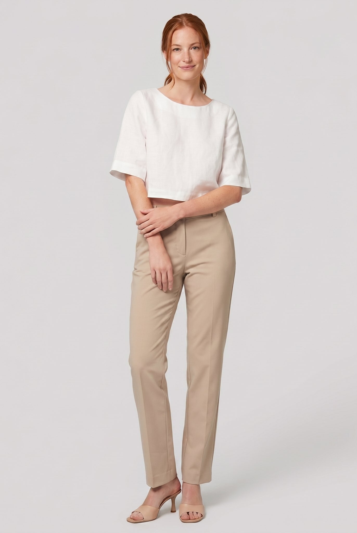 Model wearing white boxy linen crop top - Breezy Boxy Crop Top
