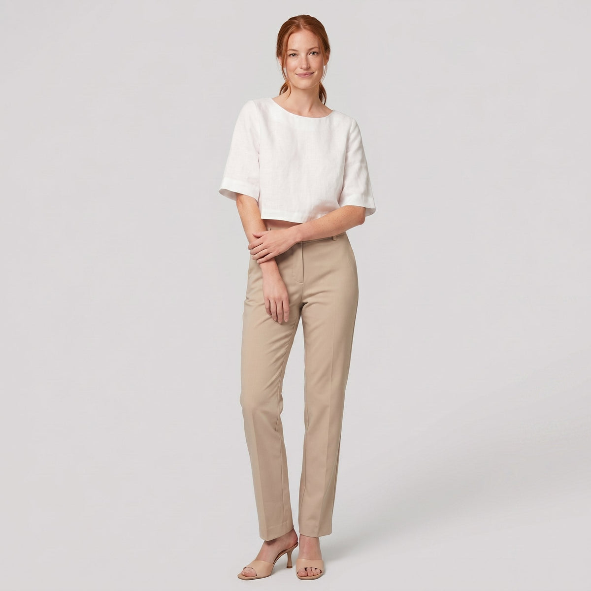 Model wearing white boxy linen crop top - Breezy Boxy Crop Top