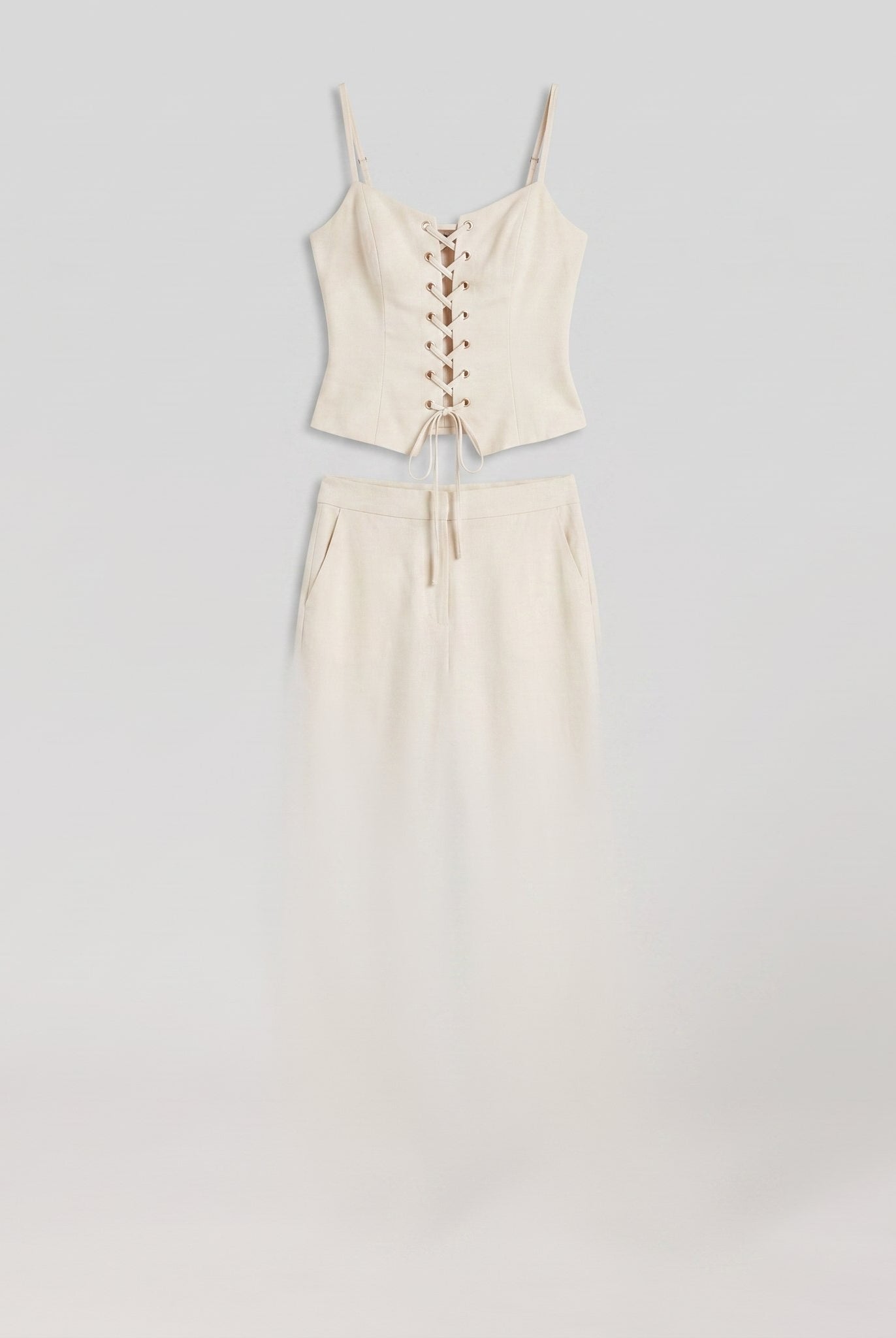 Cream lace-up corset top and wide-leg trouser set, product flat-lay