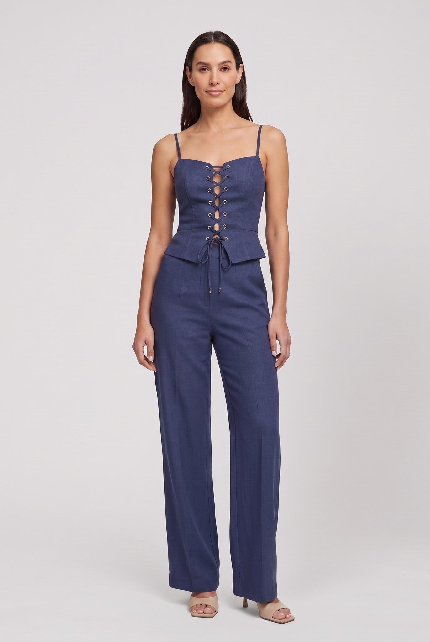 Navy lace-up corset top and wide-leg trouser set, front view