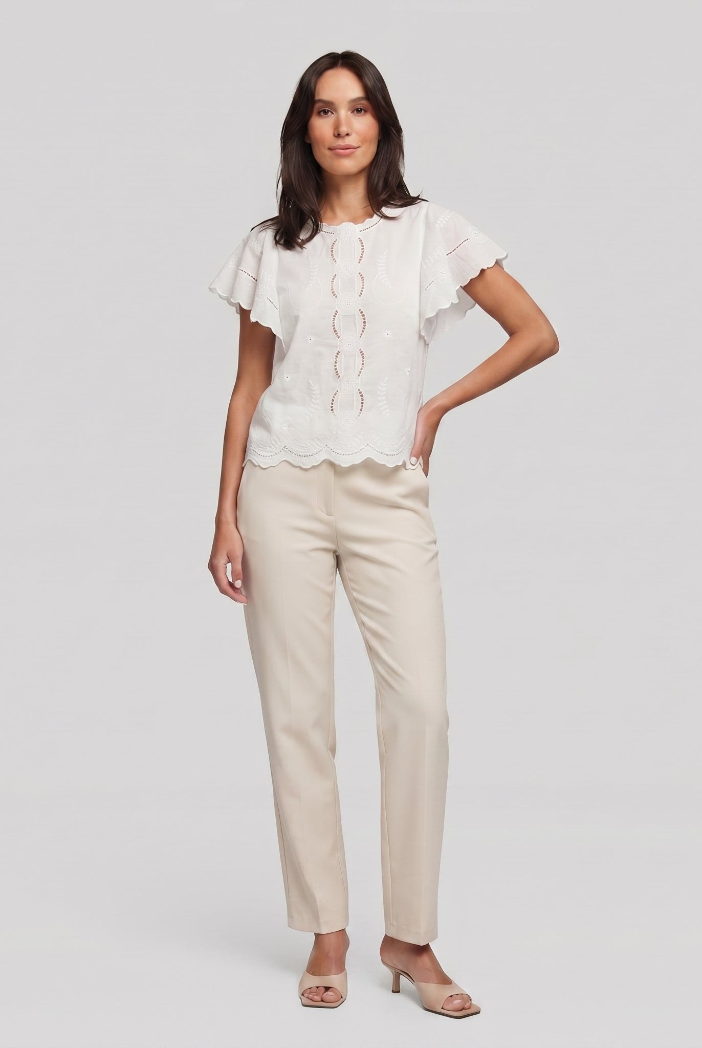 Pamela Boutique white broderie blouse flutter sleeve scalloped hem, model front view
